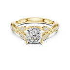 Vintage Cushion Cut Diamond Engagement Ring with Floral Leaf Gallery