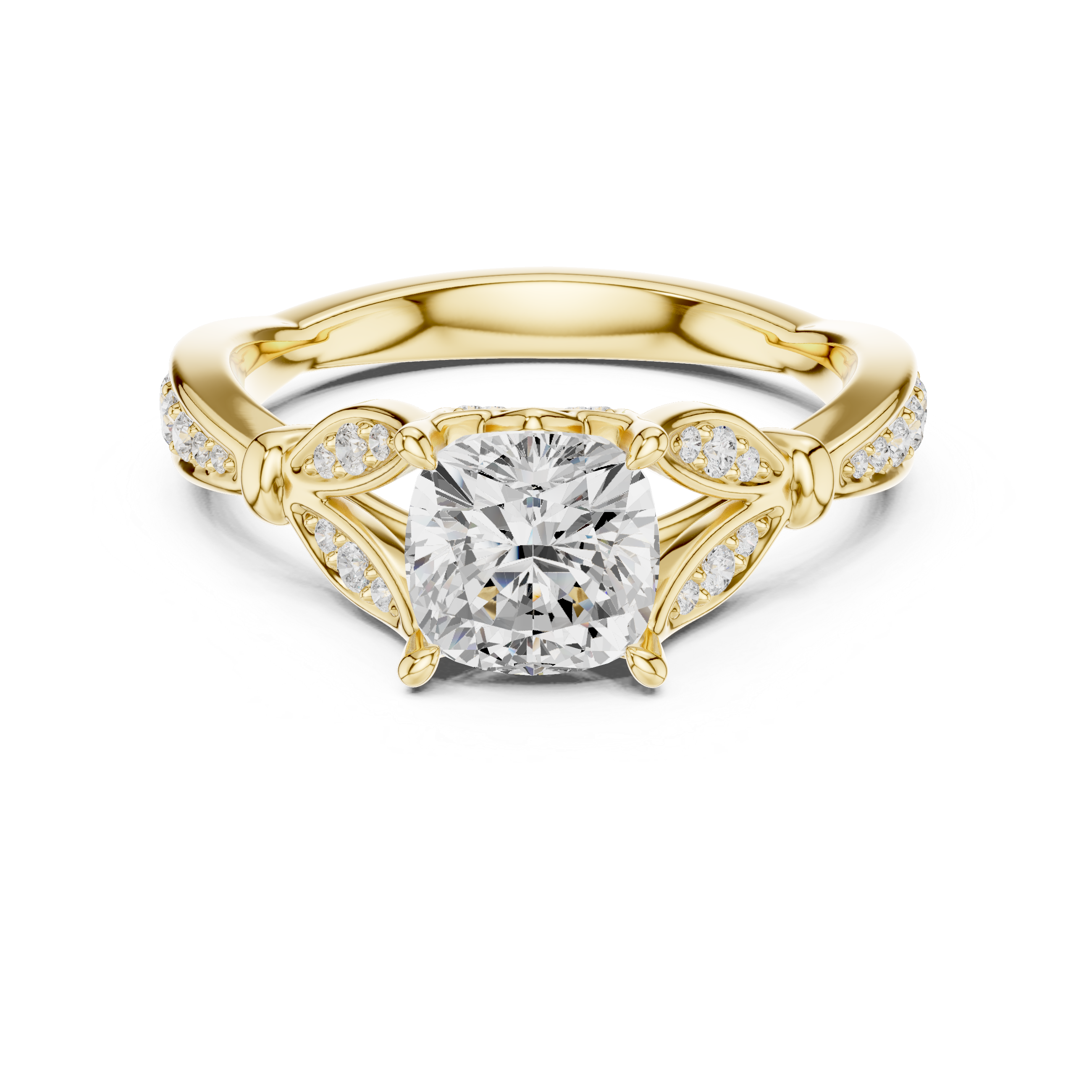 Vintage Cushion Cut Diamond Engagement Ring with Floral Leaf Gallery