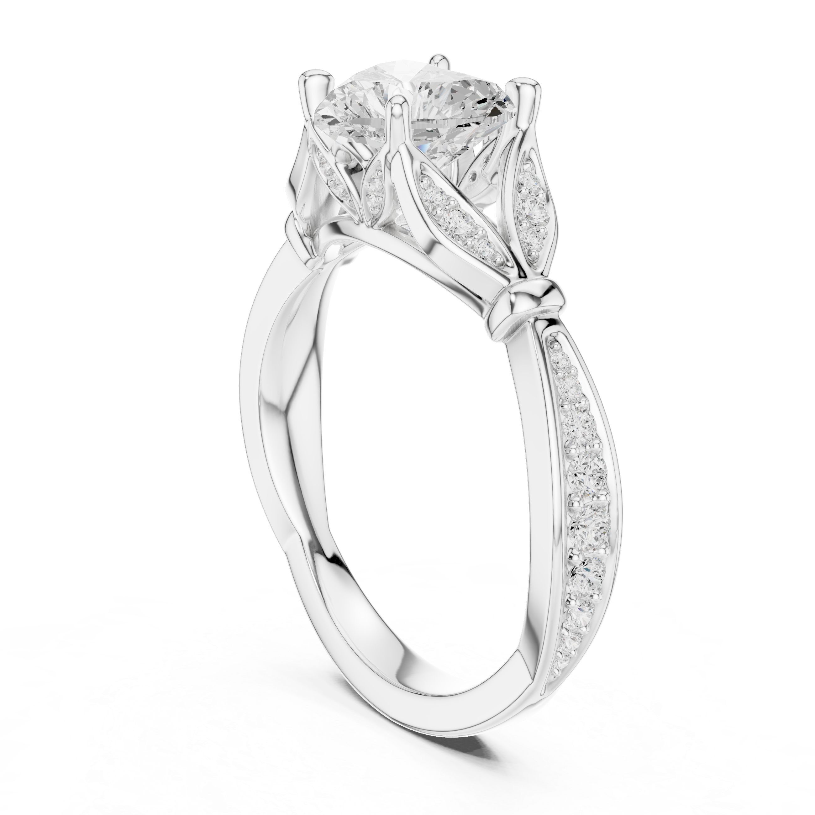 Vintage Heart Cut Diamond Engagement Ring with Floral Leaf Gallery