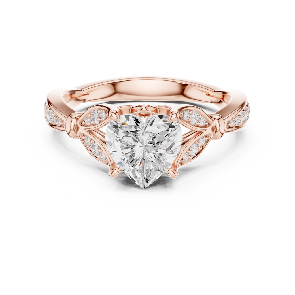 Vintage Heart Cut Diamond Engagement Ring with Floral Leaf Gallery