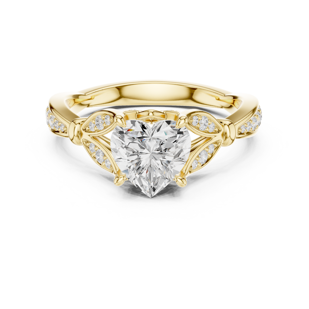 Vintage Heart Cut Diamond Engagement Ring with Floral Leaf Gallery