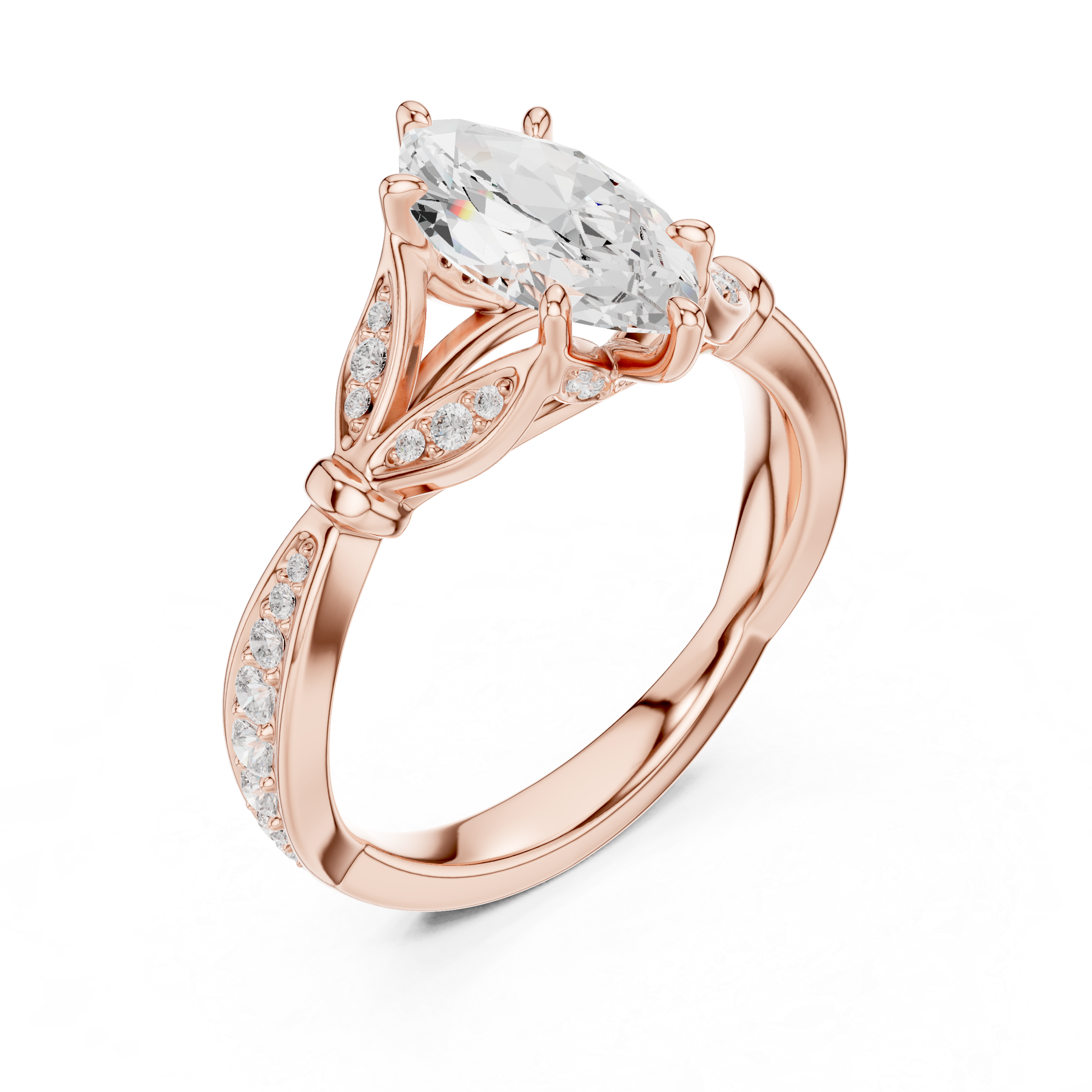 Vintage Marquise Cut Diamond Engagement Ring with Floral Leaf Gallery