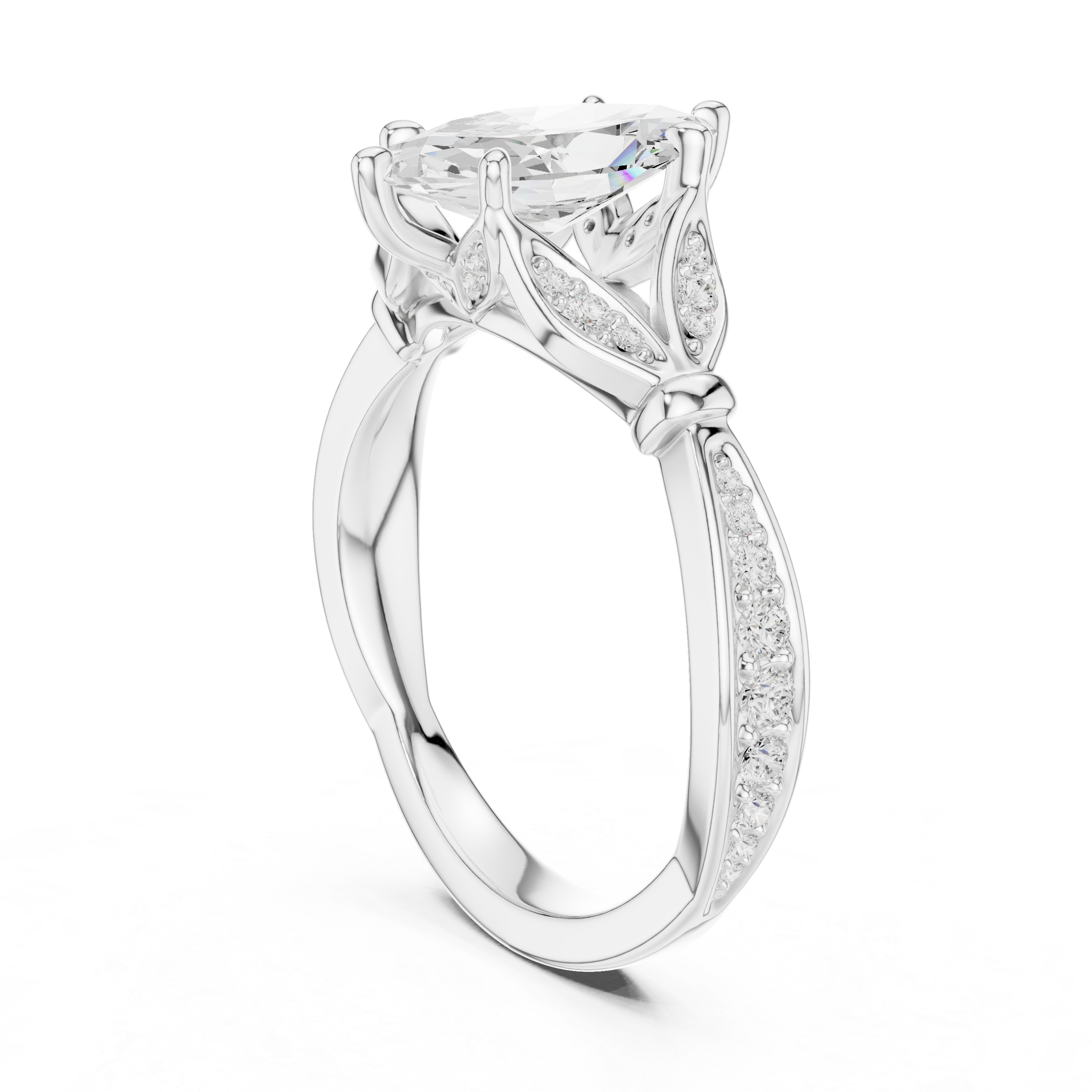 Vintage Marquise Cut Diamond Engagement Ring with Floral Leaf Gallery