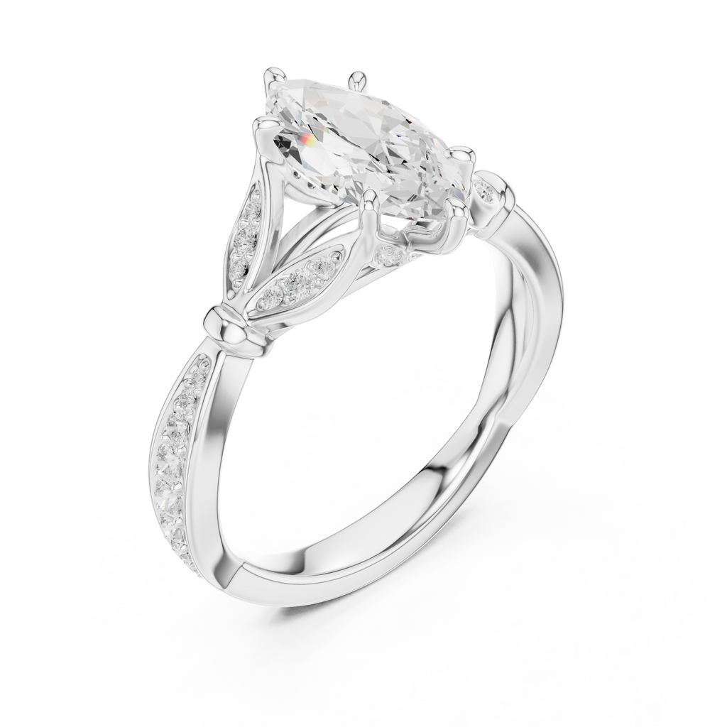 Vintage Marquise Cut Diamond Engagement Ring with Floral Leaf Gallery