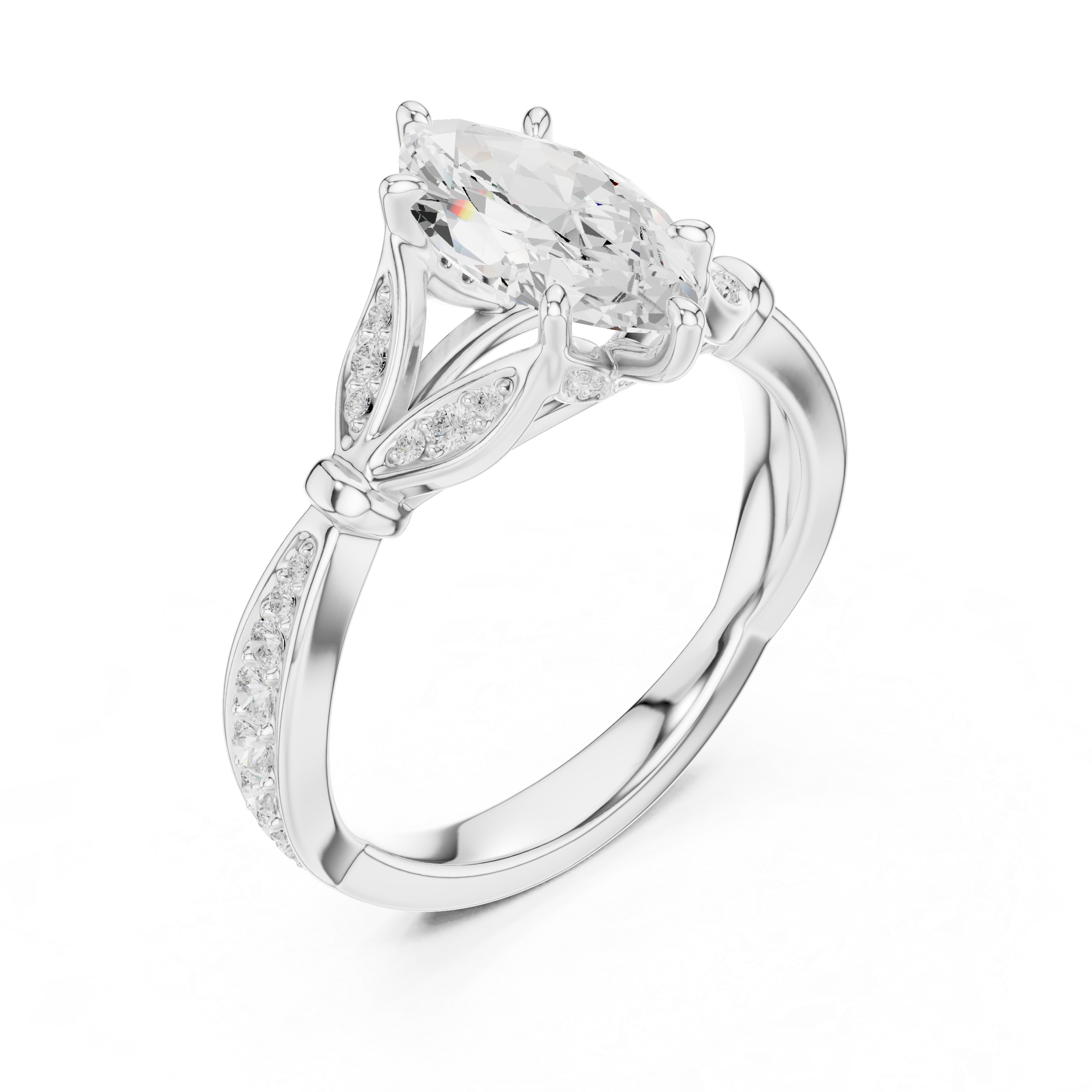 Vintage Marquise Cut Diamond Engagement Ring with Floral Leaf Gallery