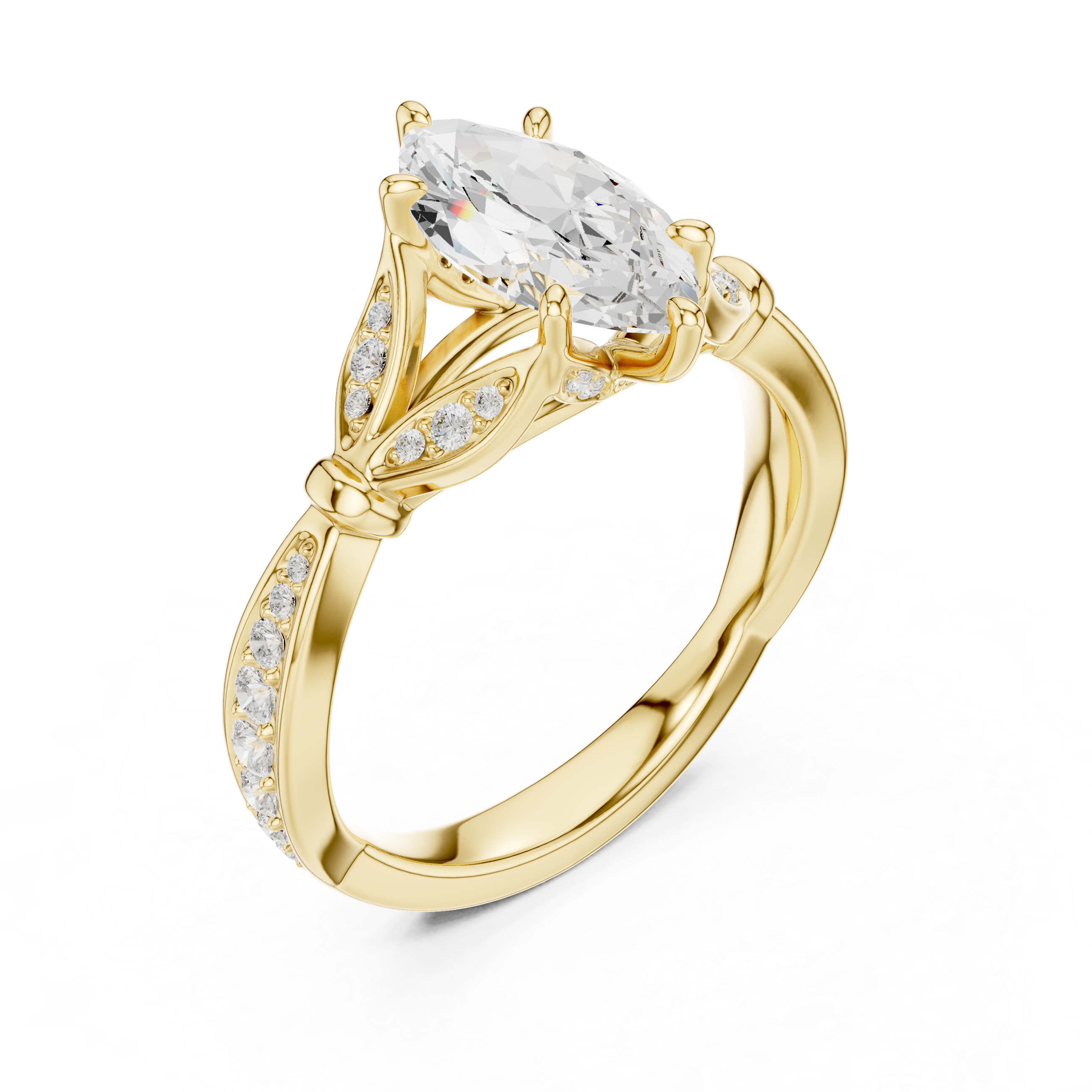 Vintage Marquise Cut Diamond Engagement Ring with Floral Leaf Gallery