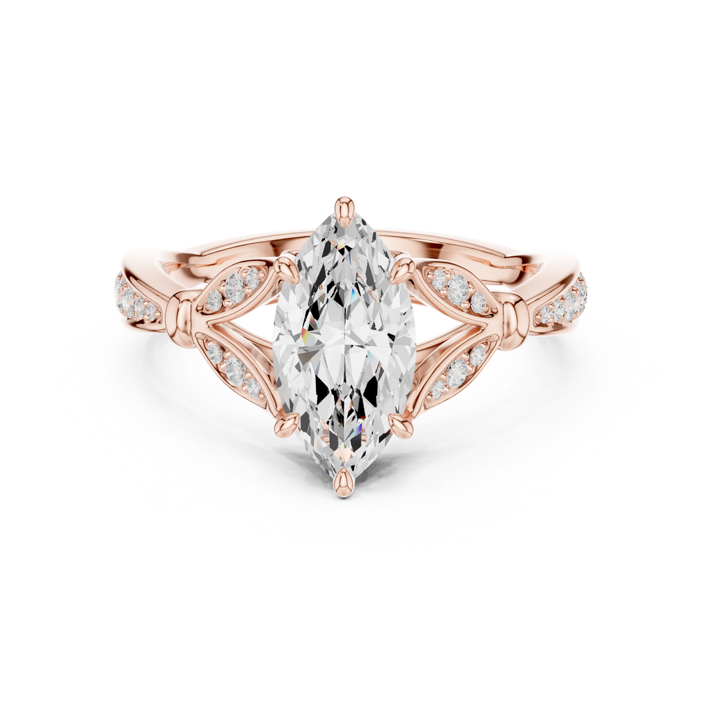 Vintage Marquise Cut Diamond Engagement Ring with Floral Leaf Gallery