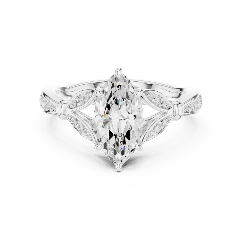 Vintage Marquise Cut Diamond Engagement Ring with Floral Leaf Gallery