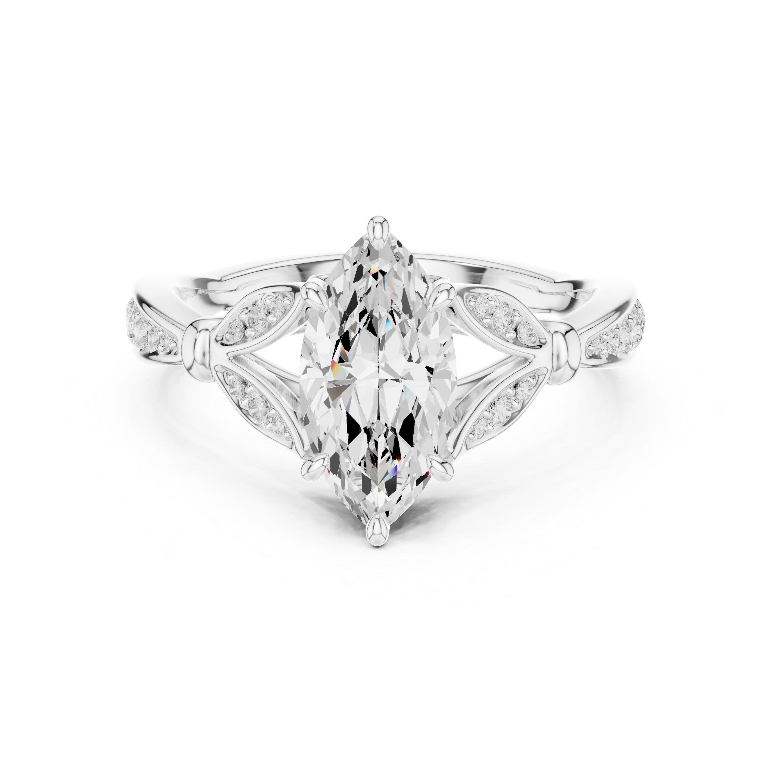 Vintage Marquise Cut Diamond Engagement Ring with Floral Leaf Gallery