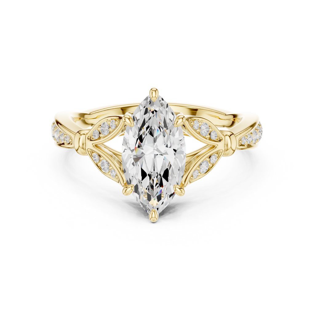 Vintage Marquise Cut Diamond Engagement Ring with Floral Leaf Gallery