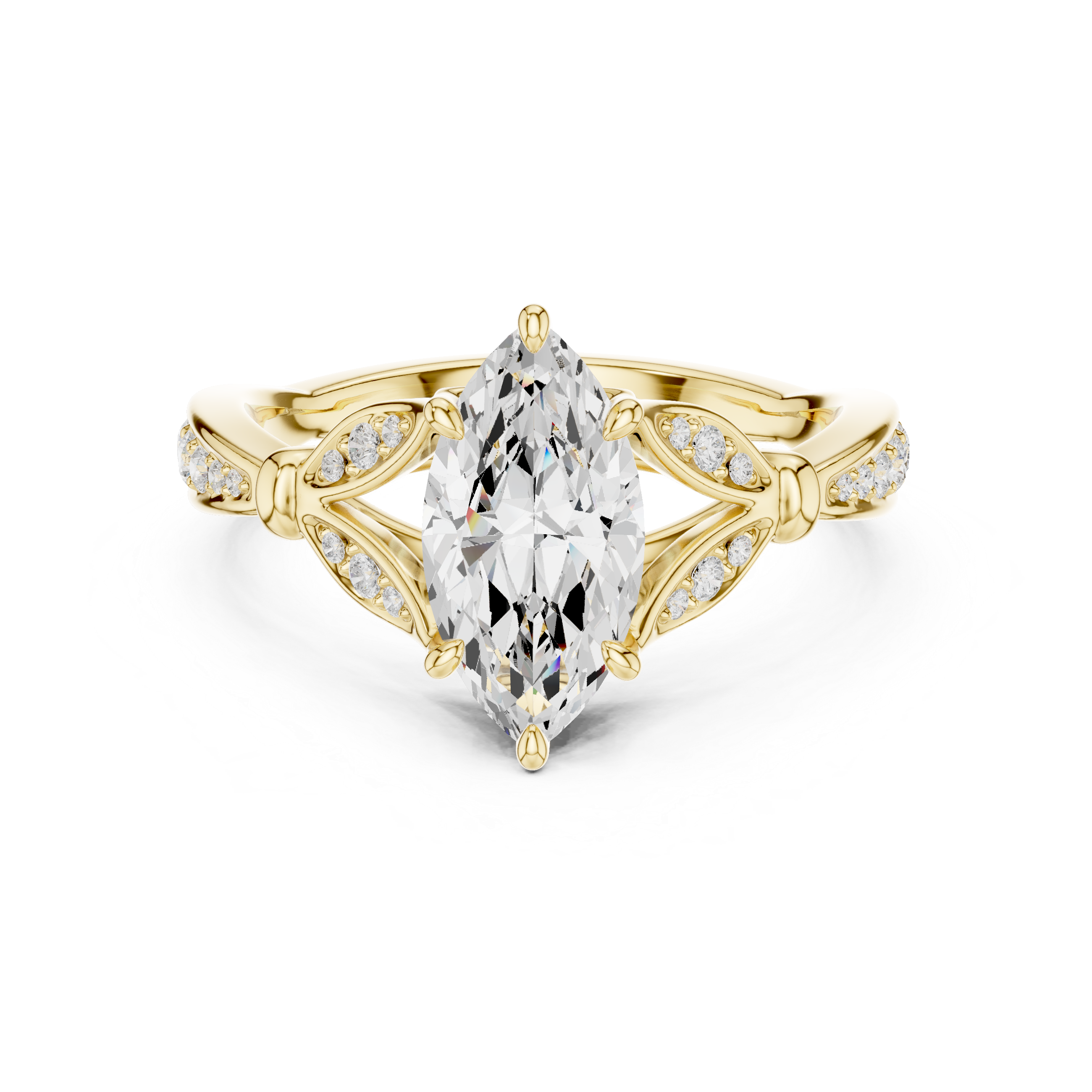 Vintage Marquise Cut Diamond Engagement Ring with Floral Leaf Gallery