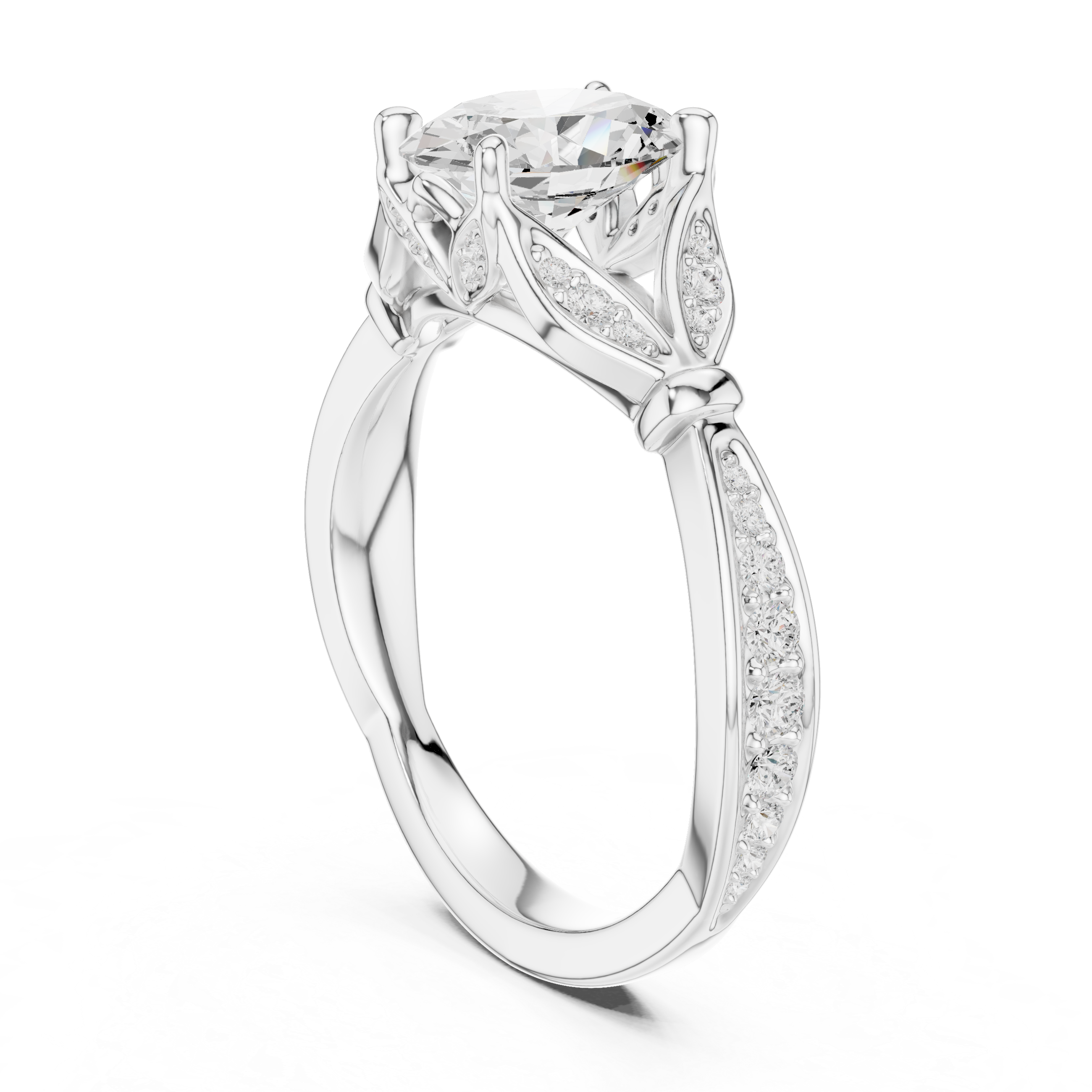 Vintage Oval Cut Diamond Engagement Ring with Floral Leaf Gallery