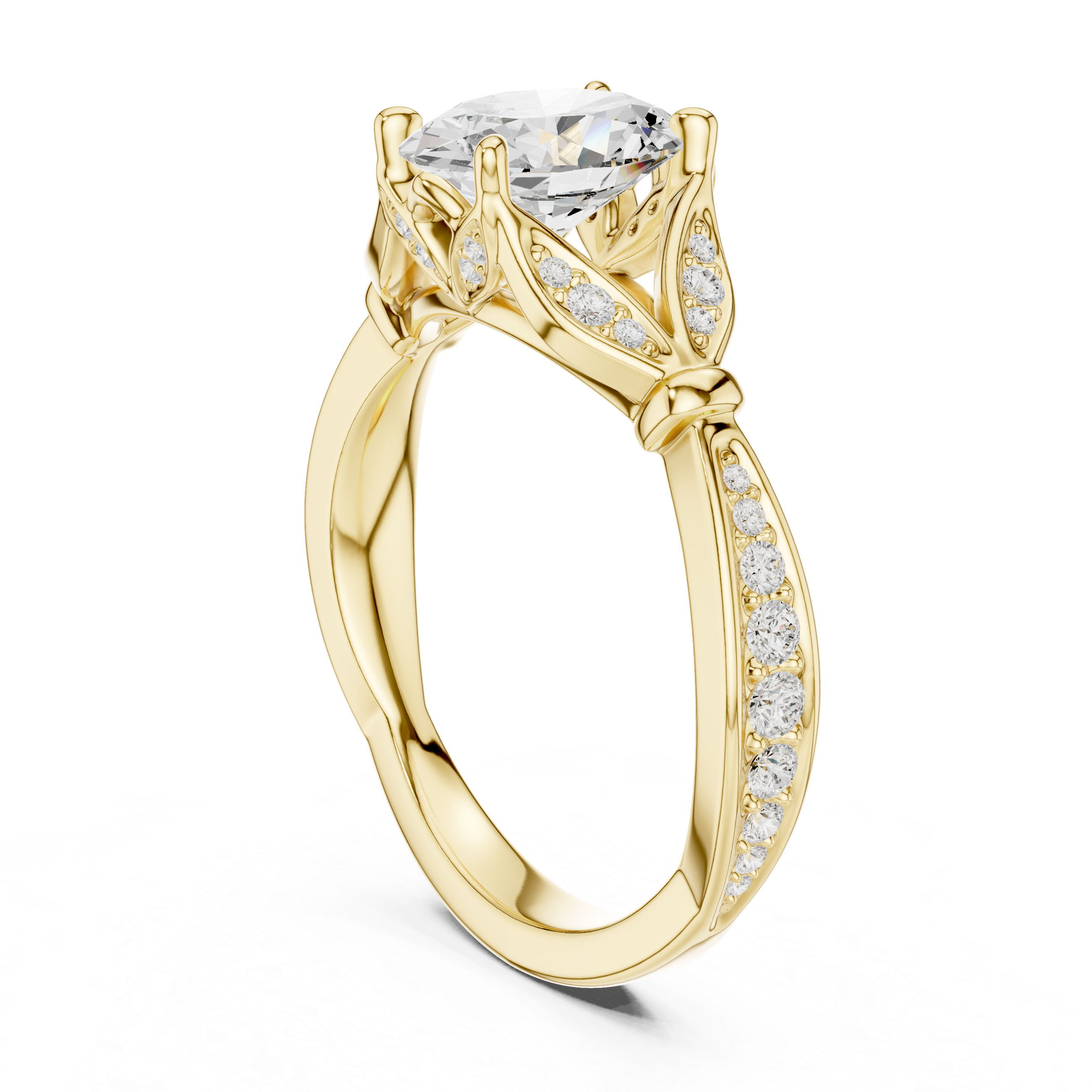 Vintage Oval Cut Diamond Engagement Ring with Floral Leaf Gallery