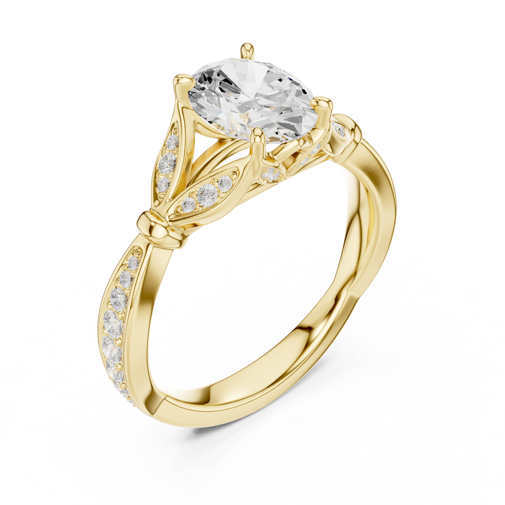 Vintage Oval Cut Diamond Engagement Ring with Floral Leaf Gallery