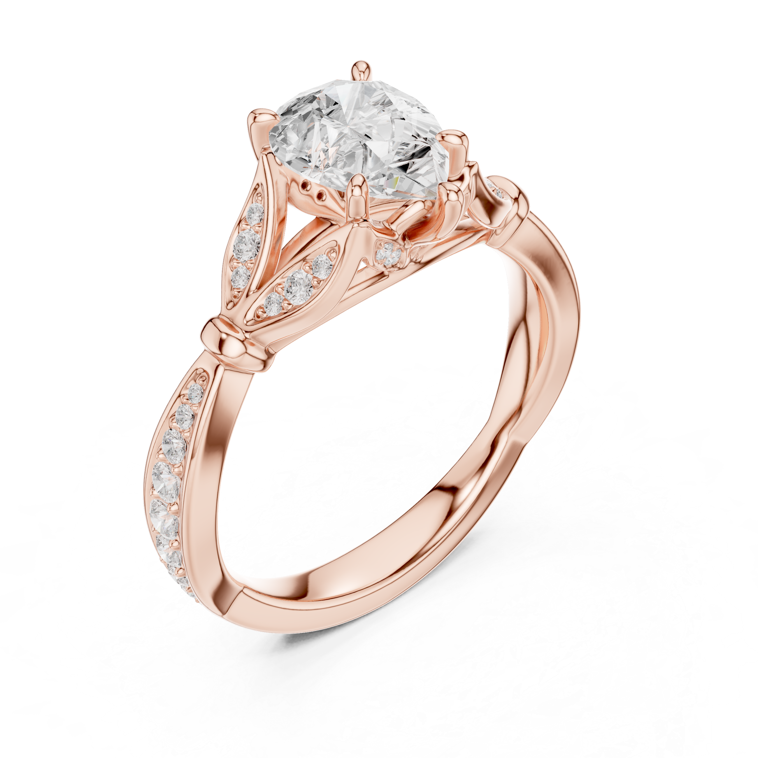 Vintage Pear Cut Diamond Engagement Ring with Leaf Pavé Gallery
