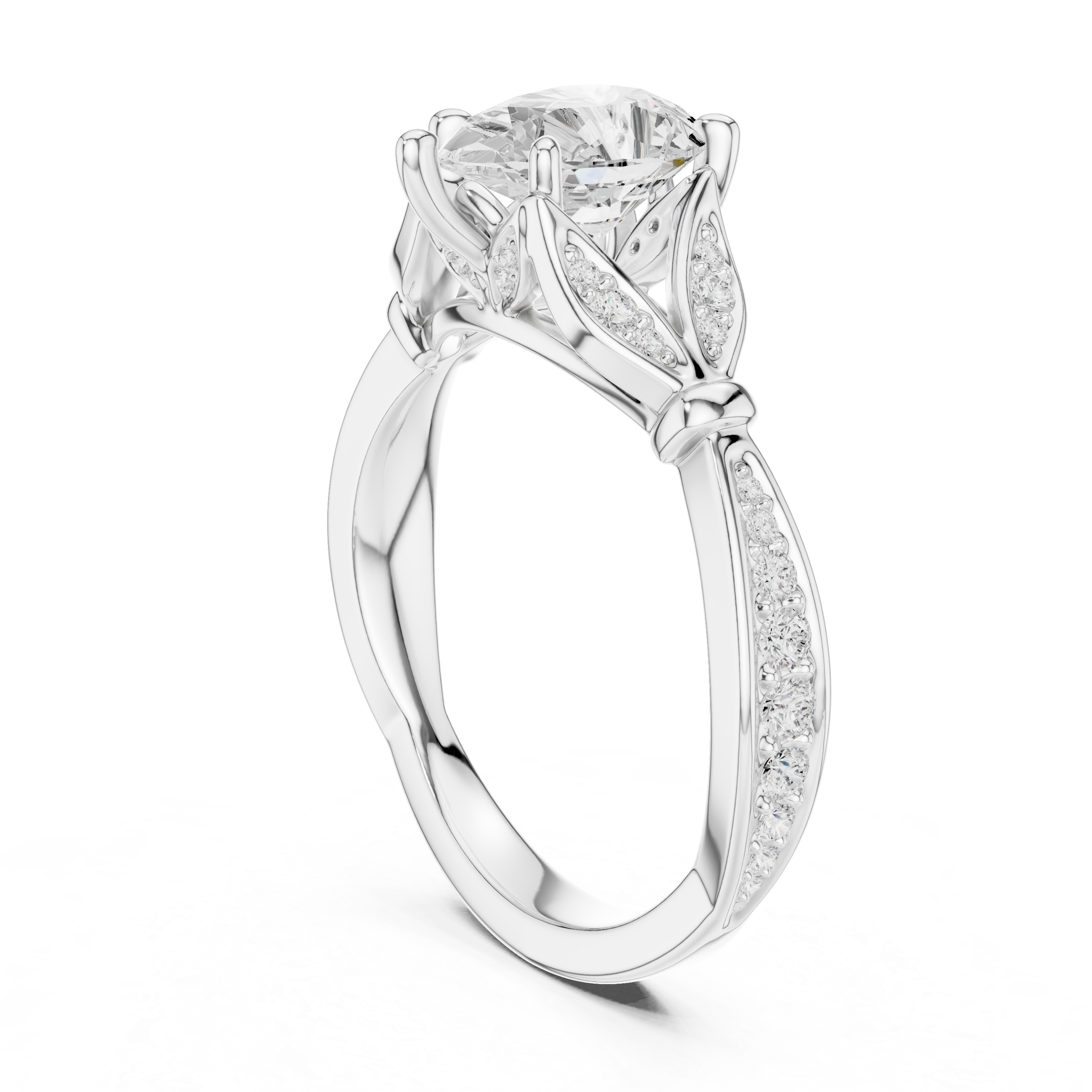 Vintage Pear Cut Diamond Engagement Ring with Leaf Pavé Gallery