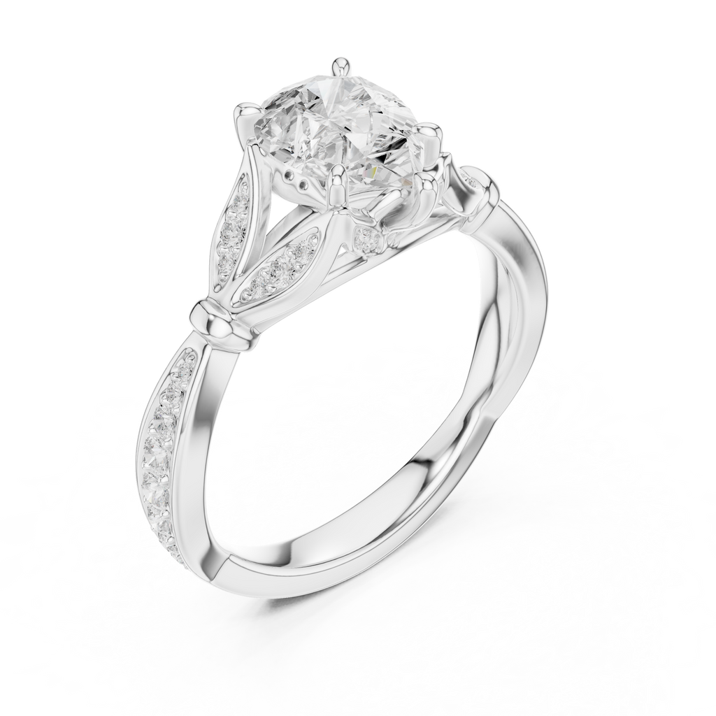 Vintage Pear Cut Diamond Engagement Ring with Leaf Pavé Gallery