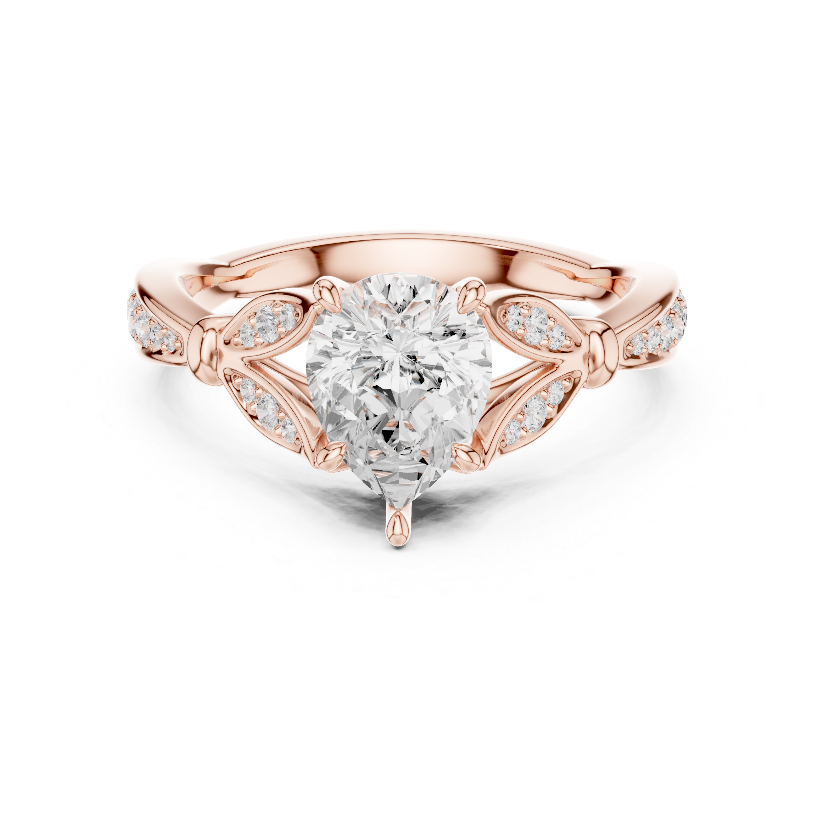 Vintage Pear Cut Diamond Engagement Ring with Leaf Pavé Gallery