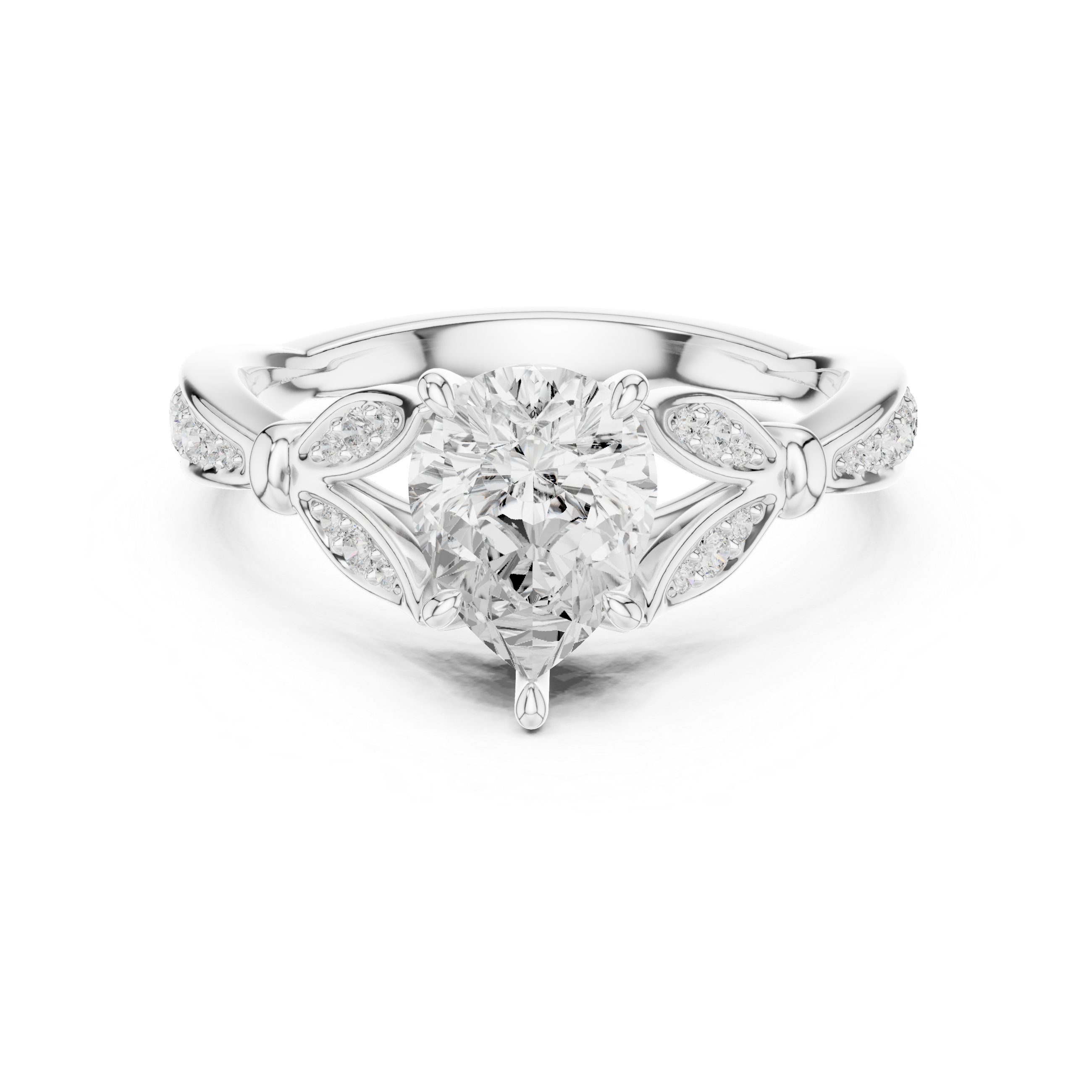 Vintage Pear Cut Diamond Engagement Ring with Leaf Pavé Gallery