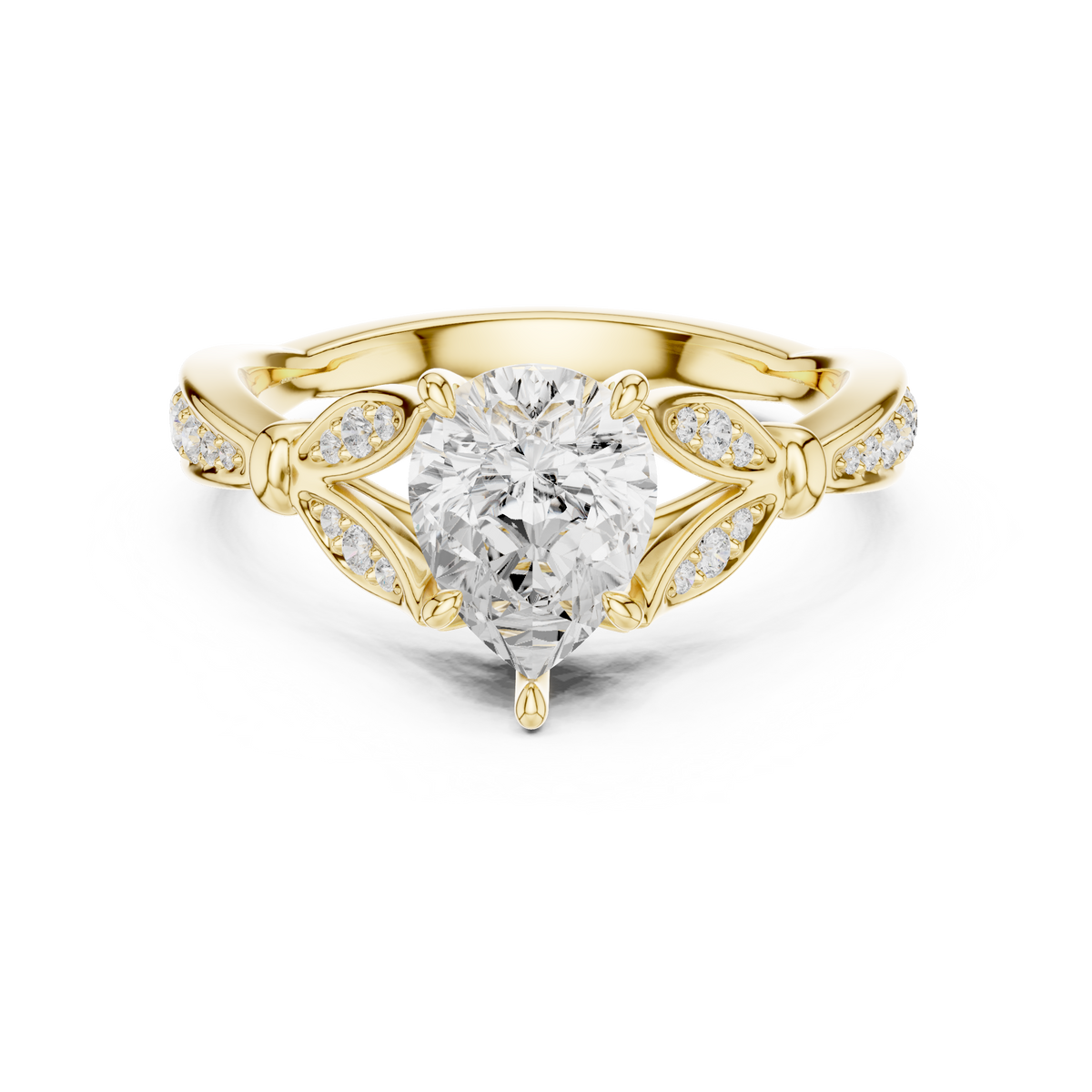 Vintage Pear Cut Diamond Engagement Ring with Leaf Pavé Gallery – view 9 of 12, lab grown diamond ring | Jewelix Atelier