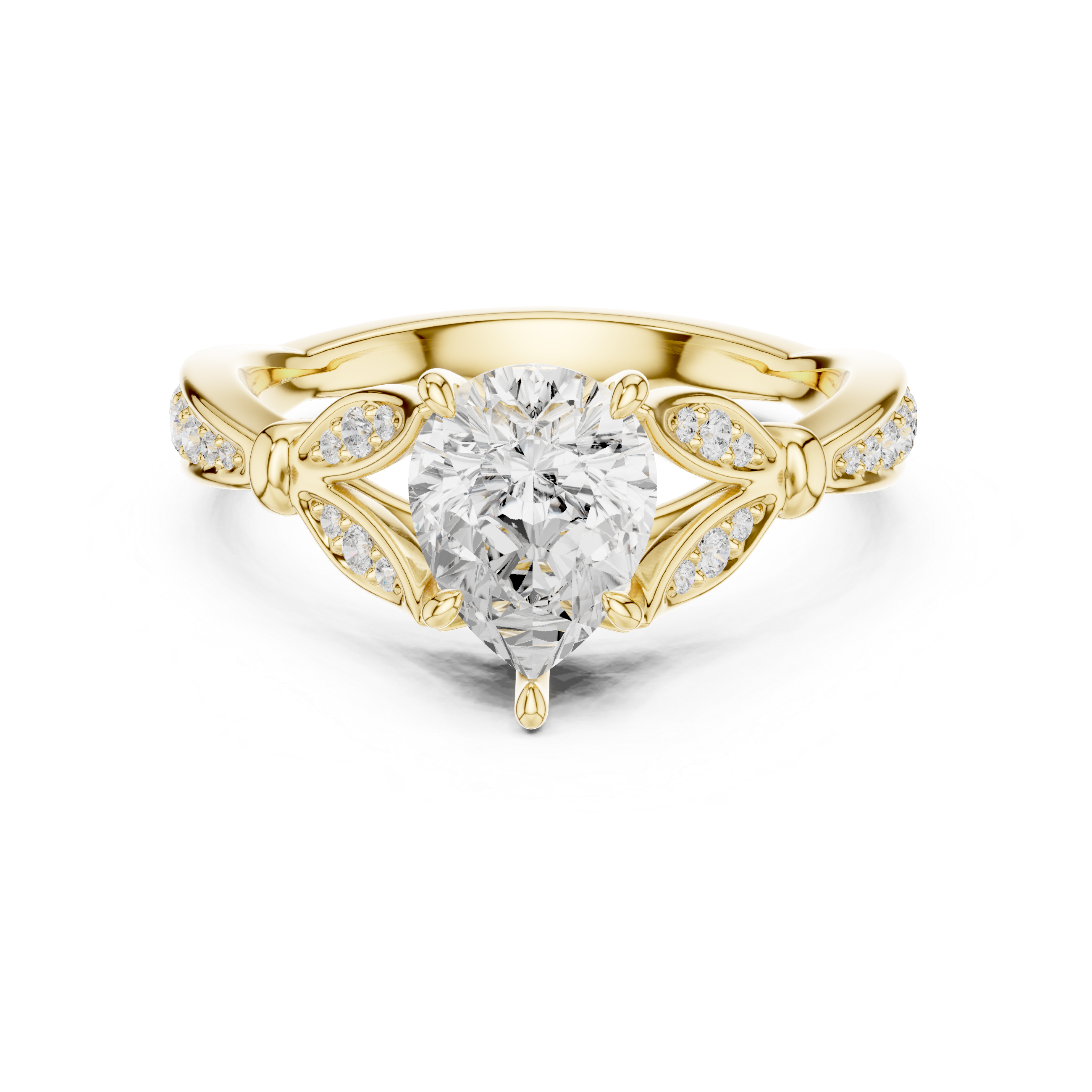 Vintage Pear Cut Diamond Engagement Ring with Leaf Pavé Gallery
