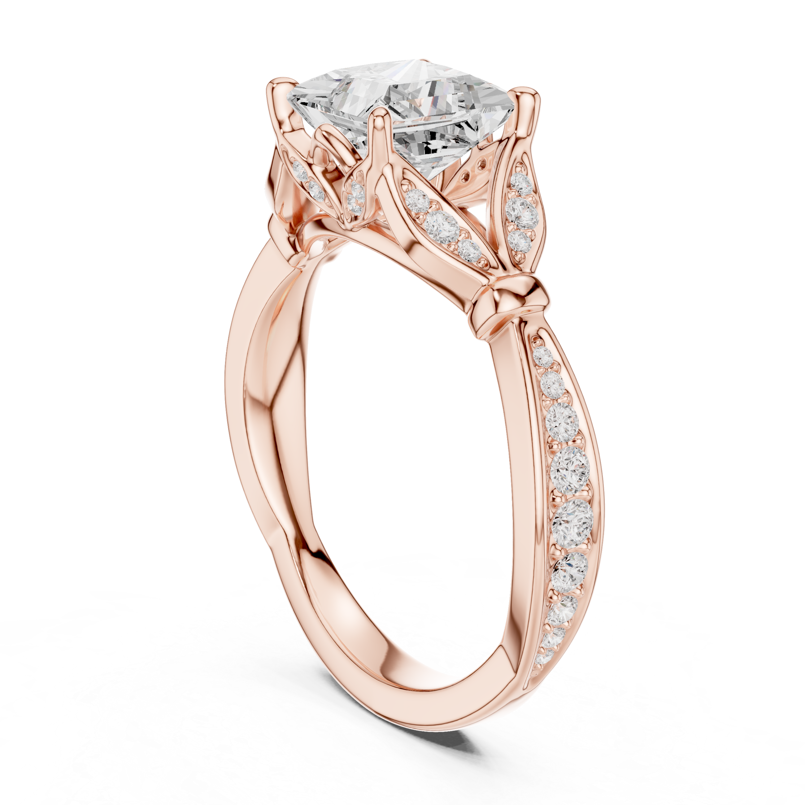 Vintage Princess Cut Diamond Engagement Ring with Leaf Gallery