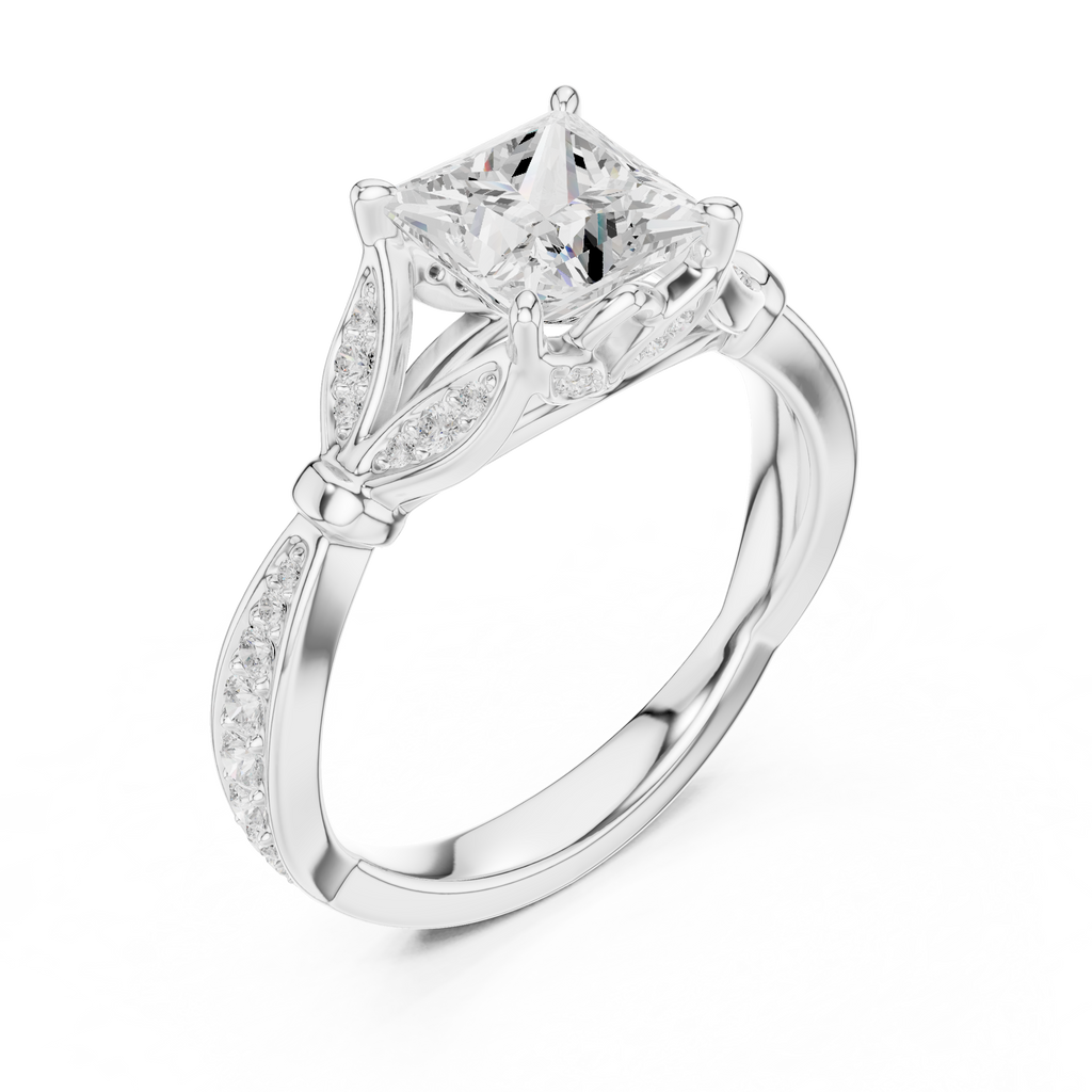 Vintage Princess Cut Diamond Engagement Ring with Leaf Gallery