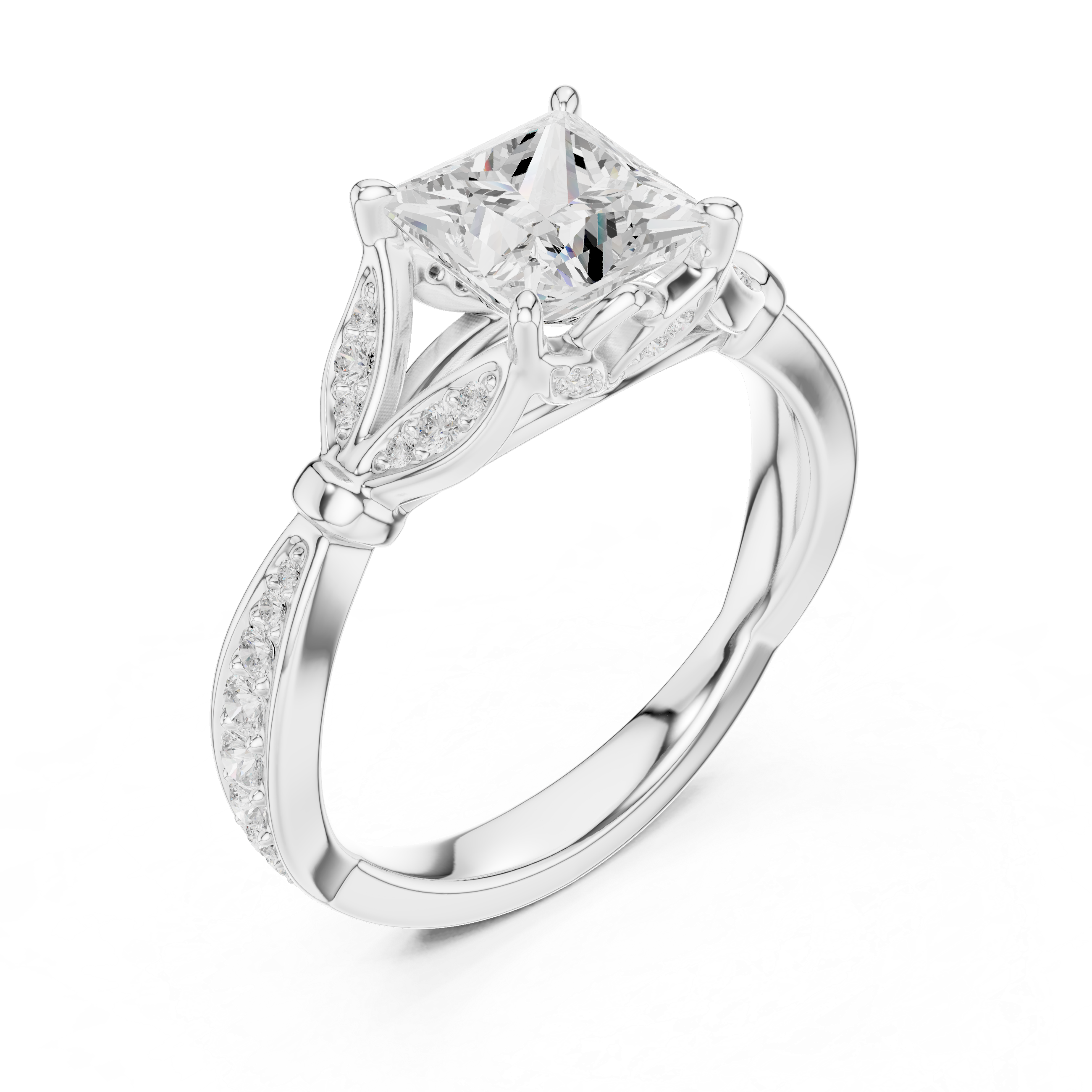 Vintage Princess Cut Diamond Engagement Ring with Leaf Gallery