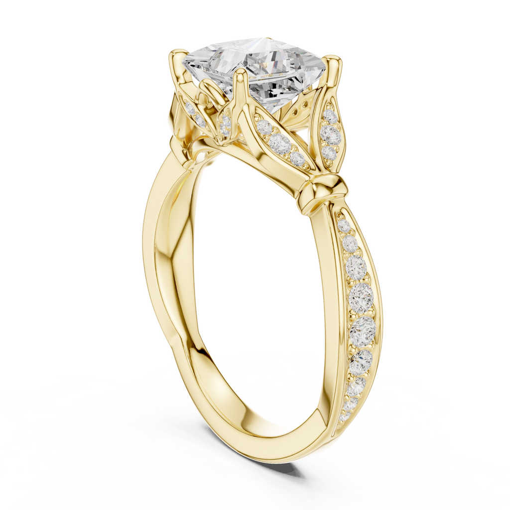 Vintage Princess Cut Diamond Engagement Ring with Leaf Gallery