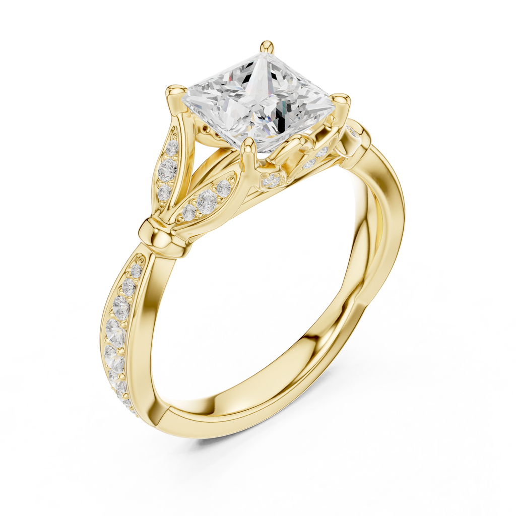 Vintage Princess Cut Diamond Engagement Ring with Leaf Gallery