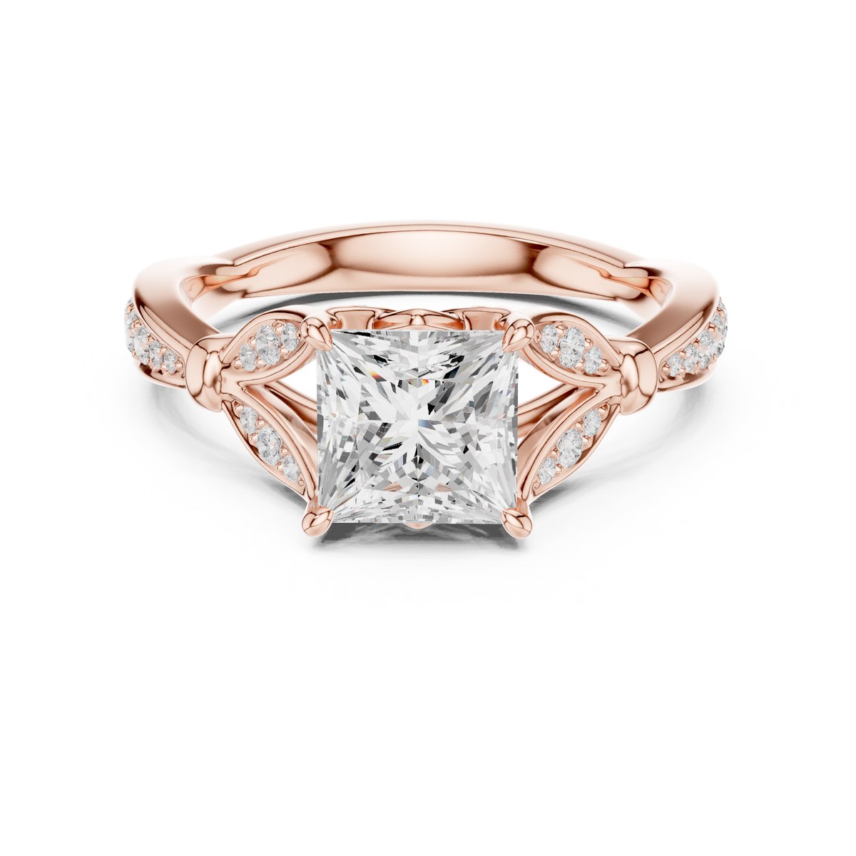 Vintage Princess Cut Diamond Engagement Ring with Leaf Gallery – view 5 of 12, lab grown diamond ring | Jewelix Atelier