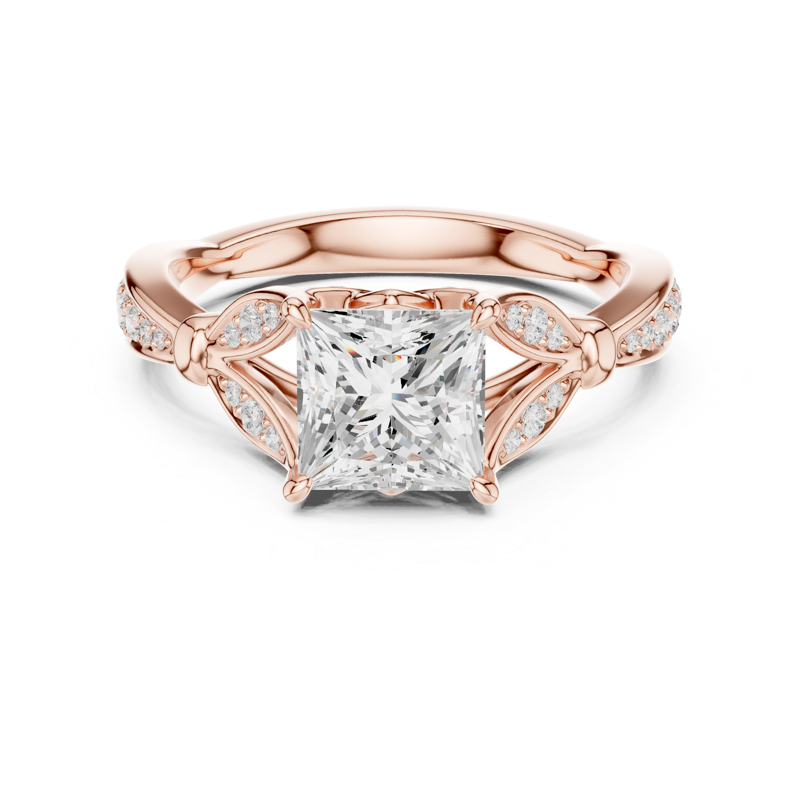 Vintage Princess Cut Diamond Engagement Ring with Leaf Gallery