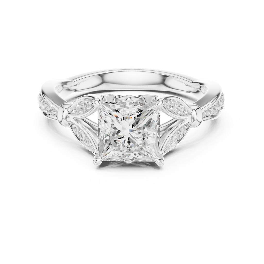Vintage Princess Cut Diamond Engagement Ring with Leaf Gallery