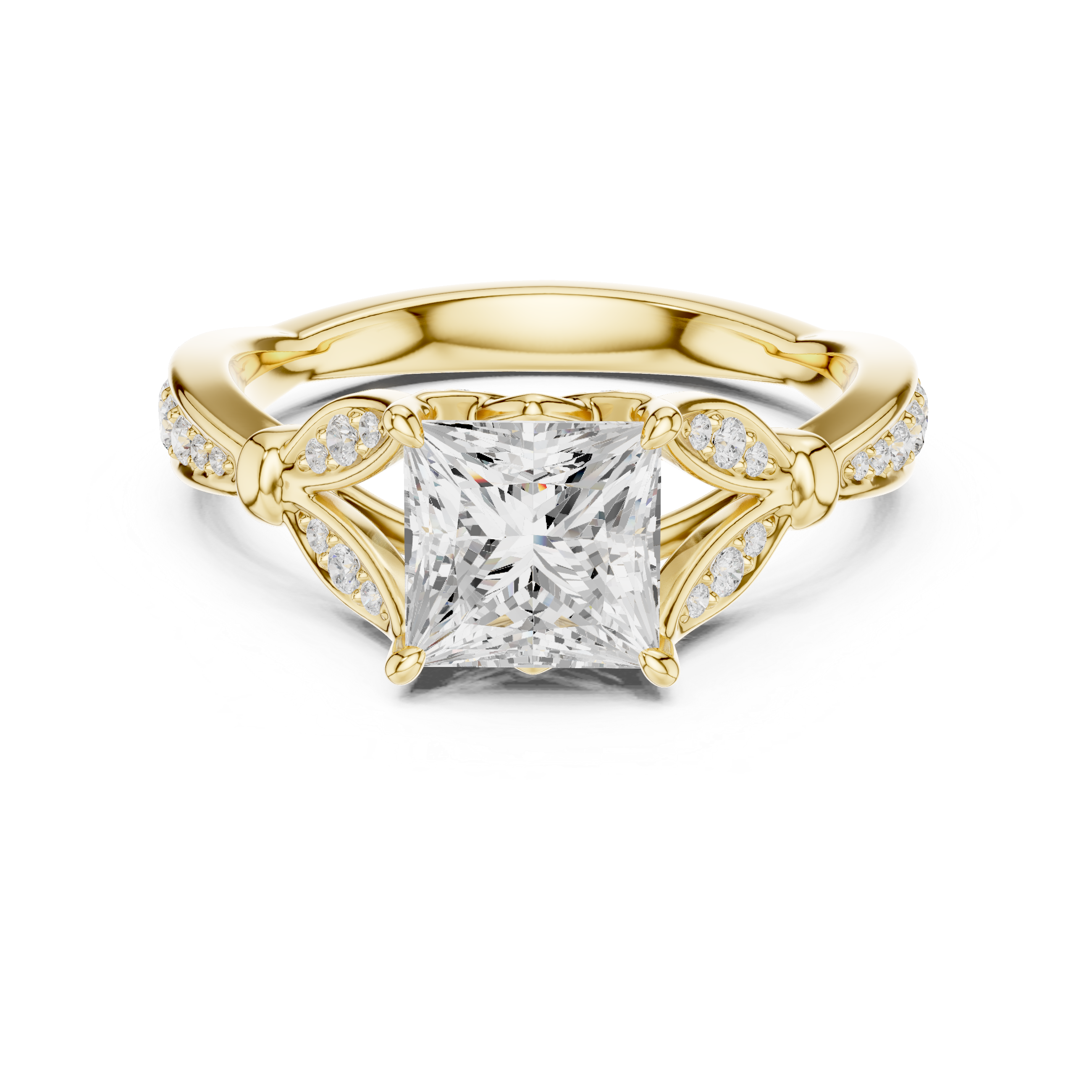 Vintage Princess Cut Diamond Engagement Ring with Leaf Gallery