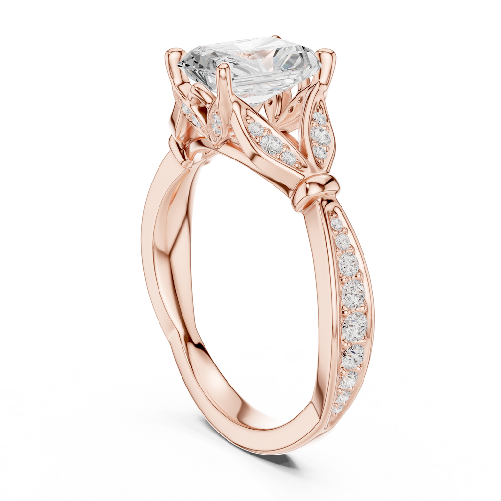 Vintage Radiant Cut Diamond Engagement Ring with Leaf Gallery