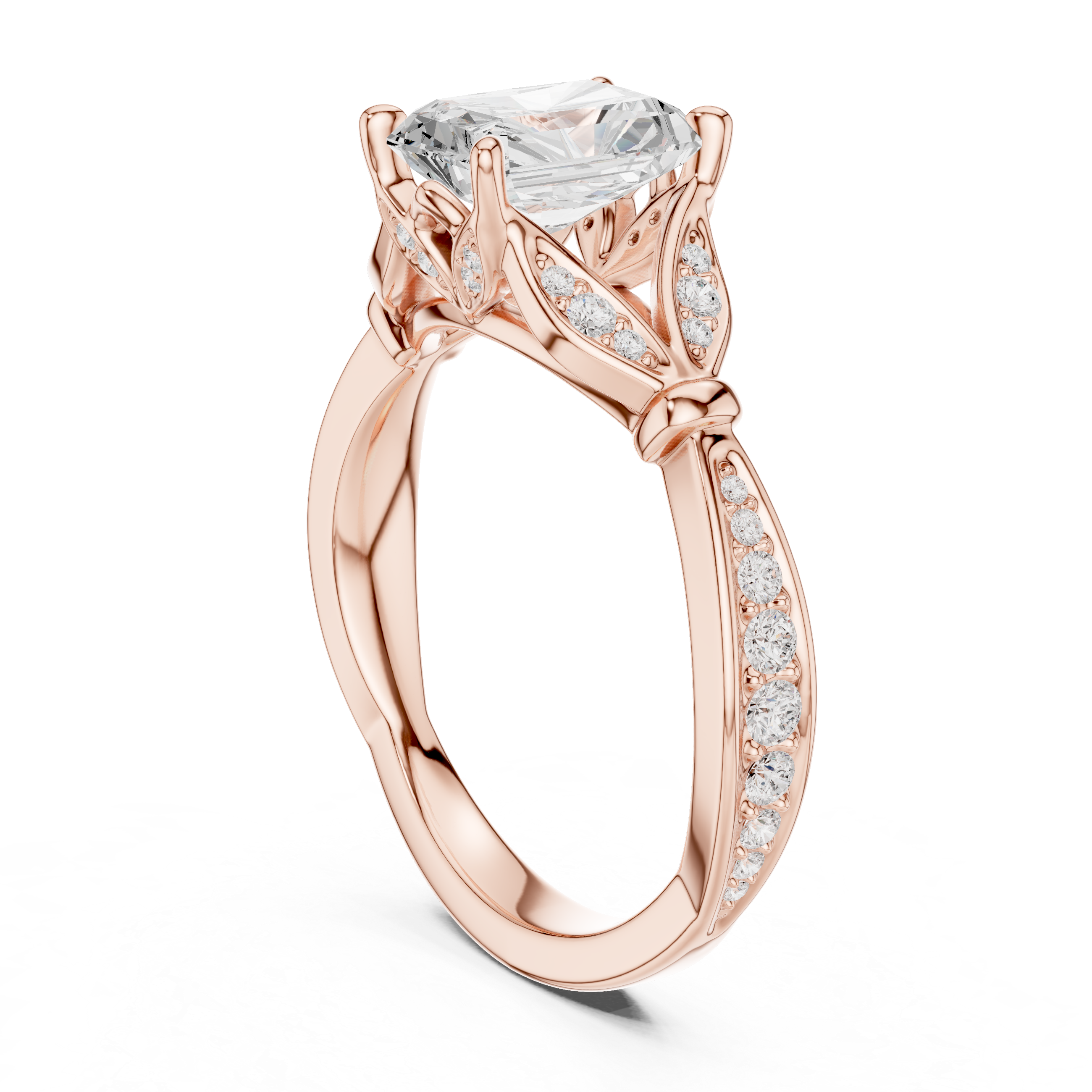 Vintage Radiant Cut Diamond Engagement Ring with Leaf Gallery