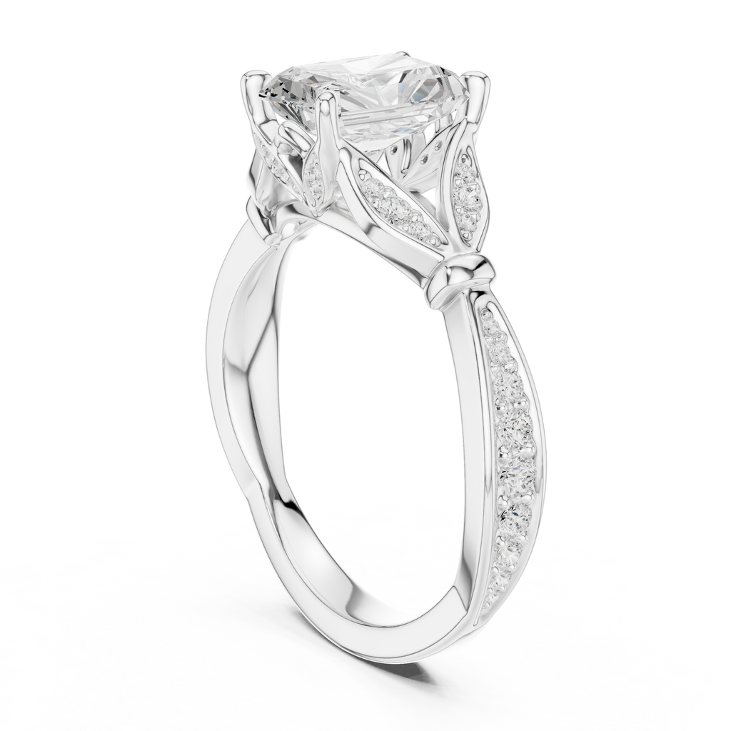 Vintage Radiant Cut Diamond Engagement Ring with Leaf Gallery