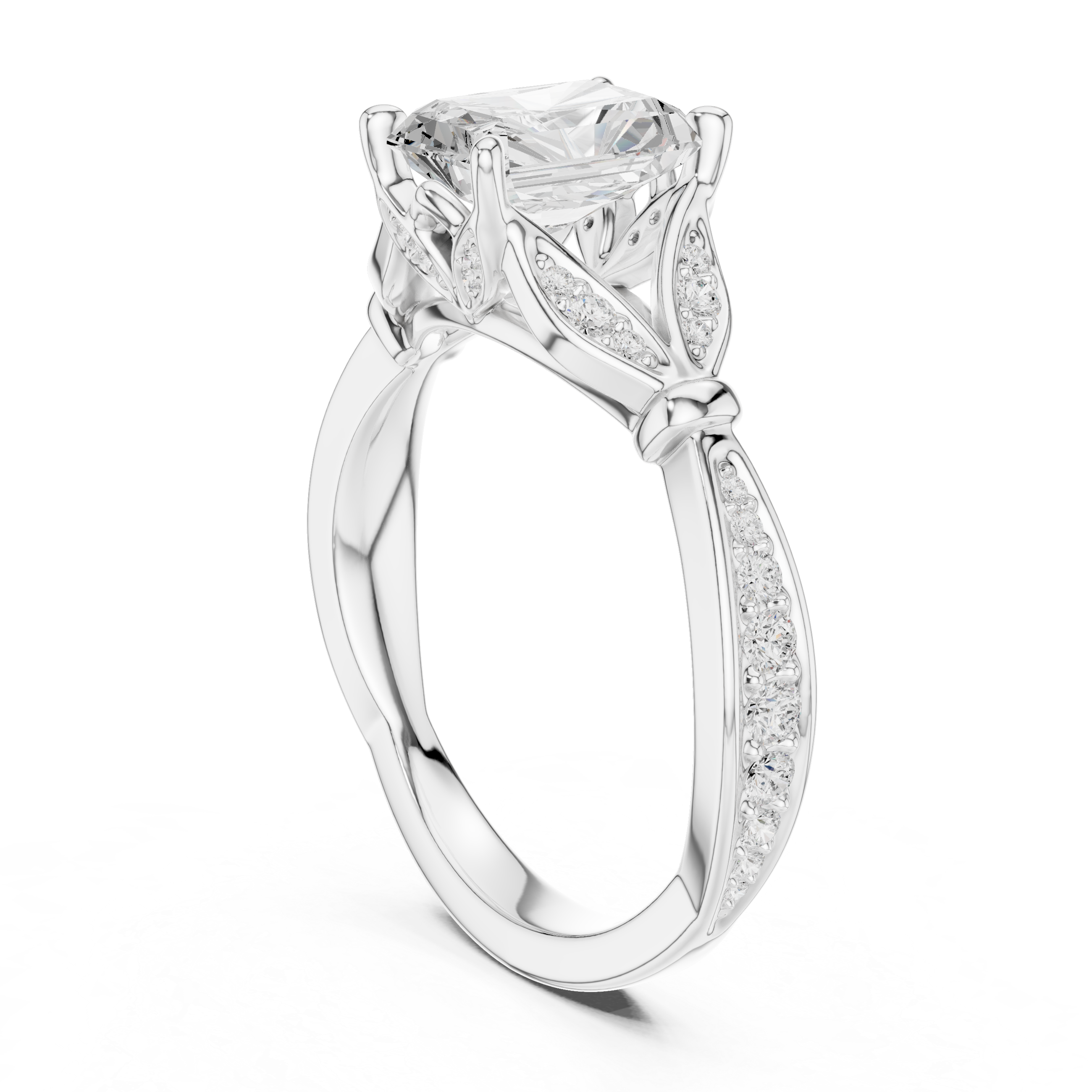 Vintage Radiant Cut Diamond Engagement Ring with Leaf Gallery