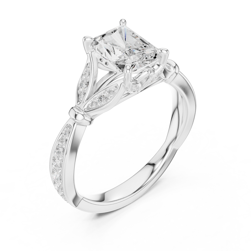 Vintage Radiant Cut Diamond Engagement Ring with Leaf Gallery