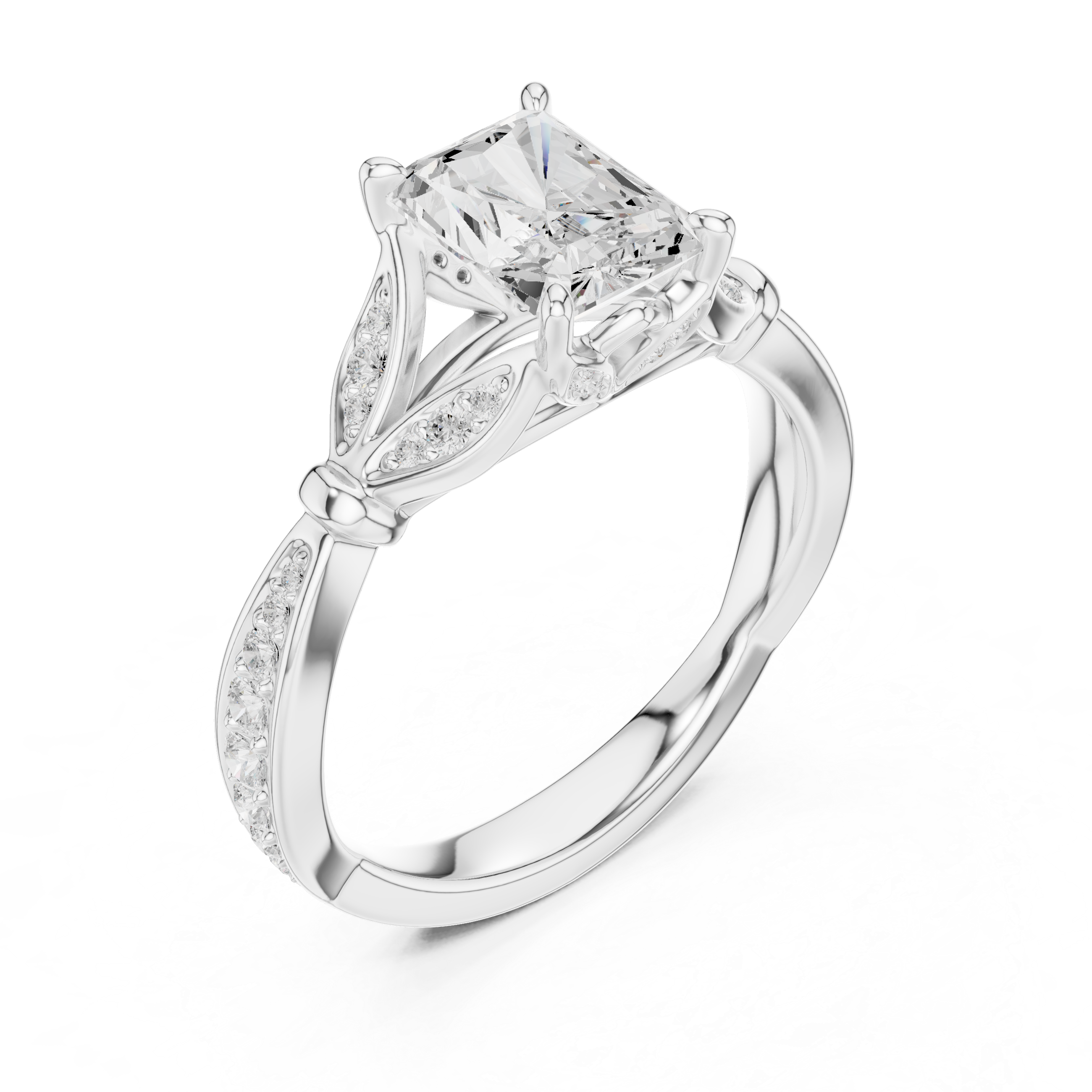 Vintage Radiant Cut Diamond Engagement Ring with Leaf Gallery