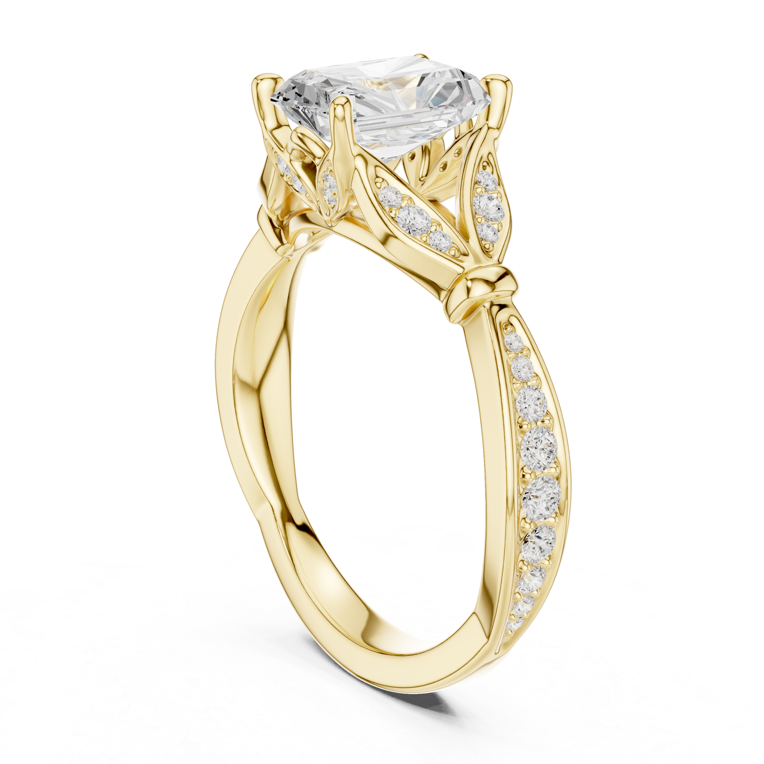 Vintage Radiant Cut Diamond Engagement Ring with Leaf Gallery