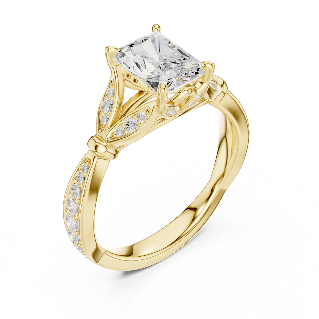 Vintage Radiant Cut Diamond Engagement Ring with Leaf Gallery