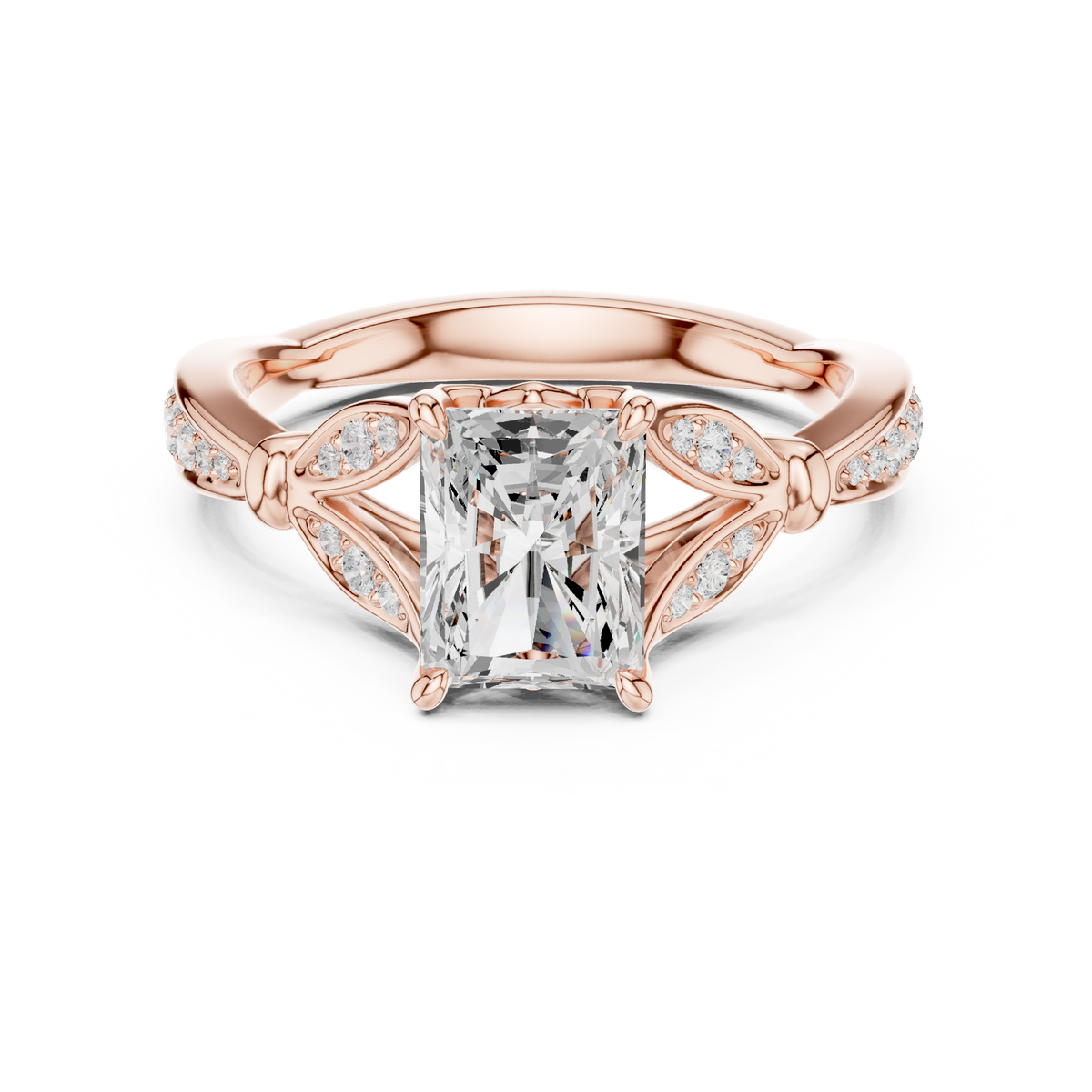 Vintage Radiant Cut Diamond Engagement Ring with Leaf Gallery – view 5 of 12, lab grown diamond ring | Jewelix Atelier
