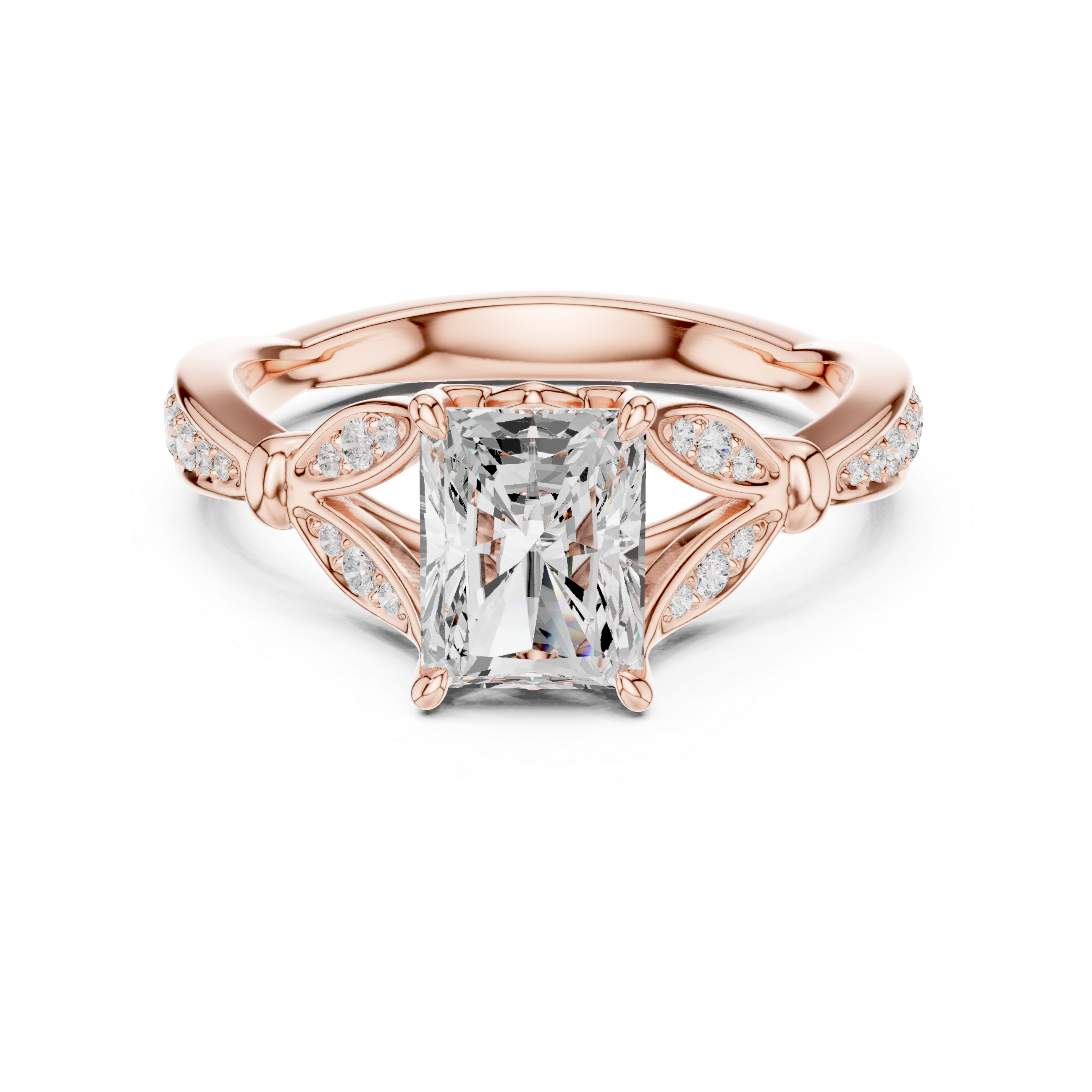 Vintage Radiant Cut Diamond Engagement Ring with Leaf Gallery