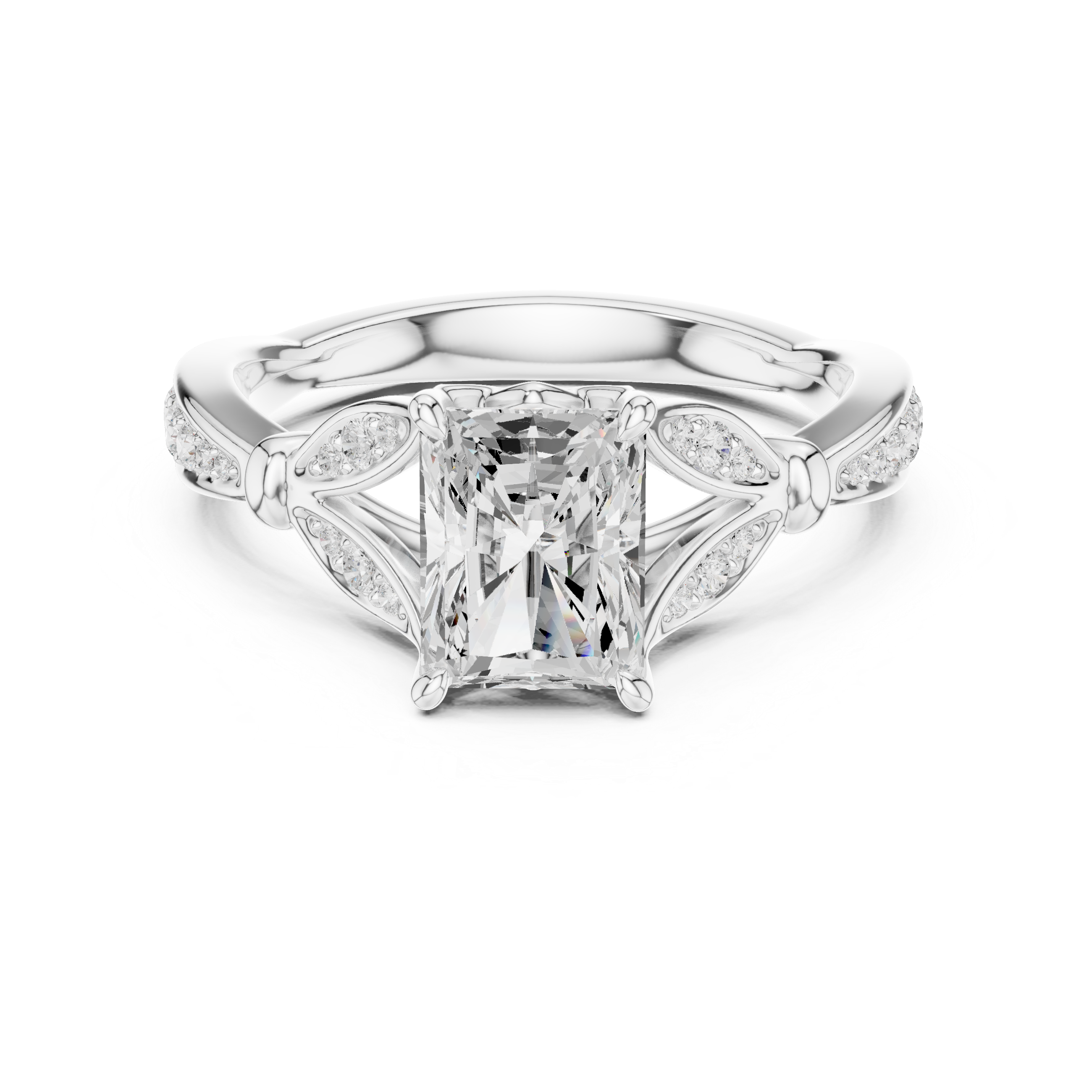 Vintage Radiant Cut Diamond Engagement Ring with Leaf Gallery