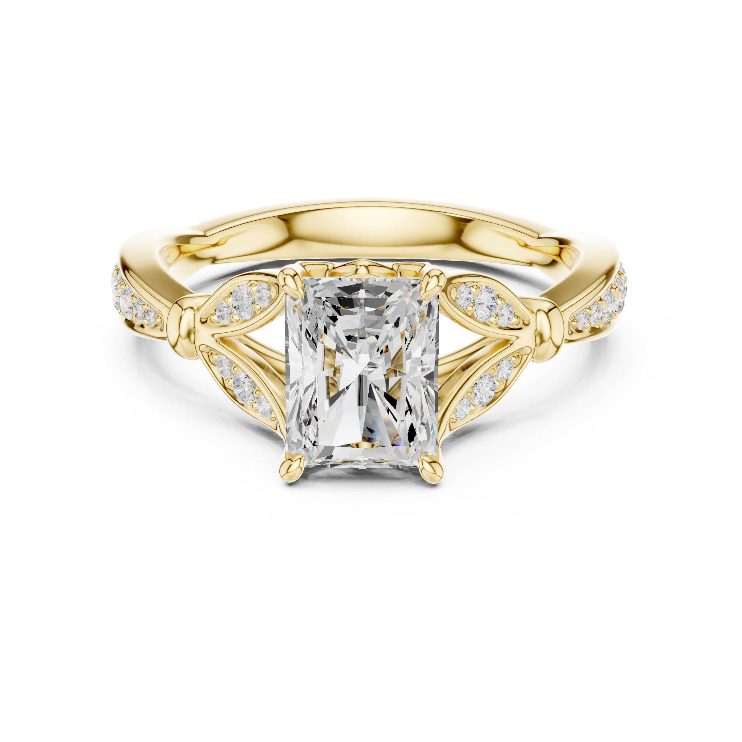 Vintage Radiant Cut Diamond Engagement Ring with Leaf Gallery