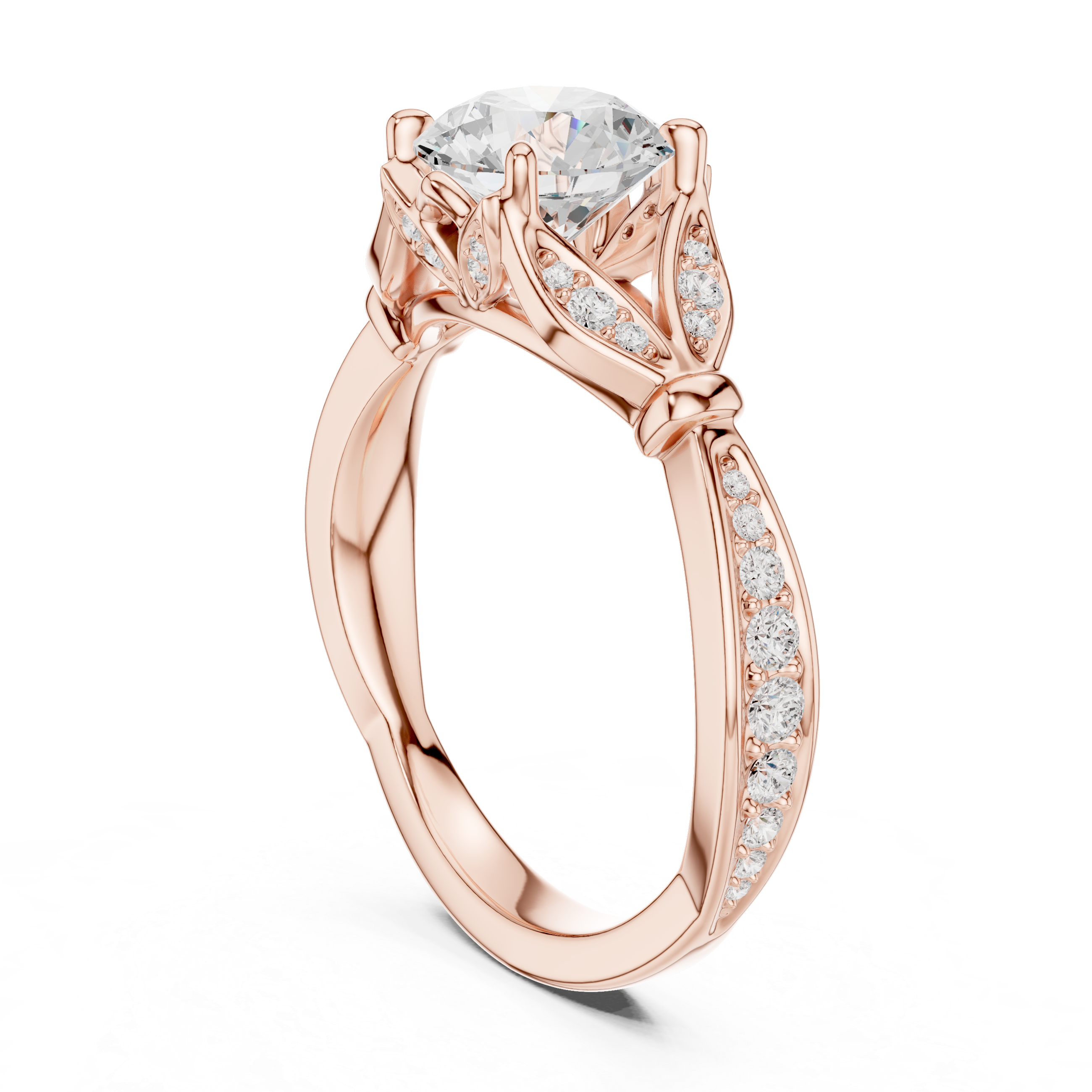 Vintage Round Cut Diamond Engagement Ring with Leaf Gallery