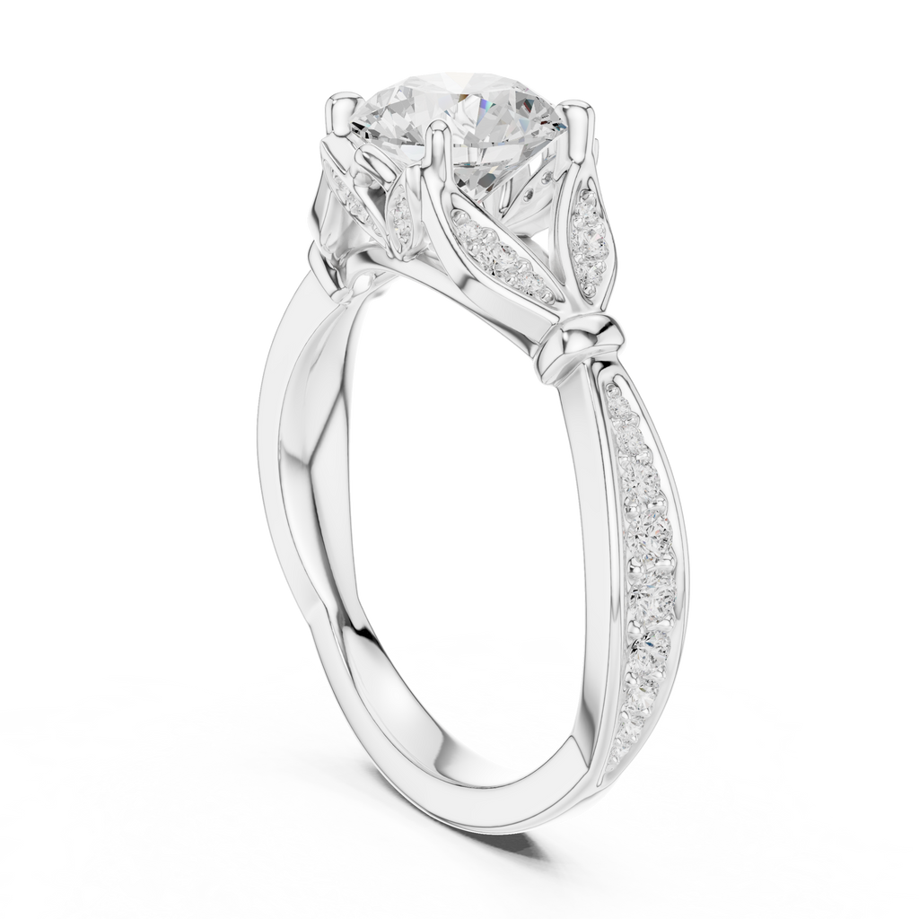 Vintage Round Cut Diamond Engagement Ring with Leaf Gallery