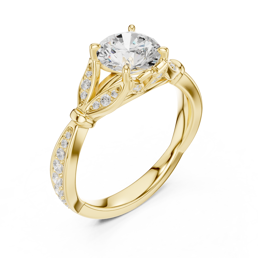 Vintage Round Cut Diamond Engagement Ring with Leaf Gallery