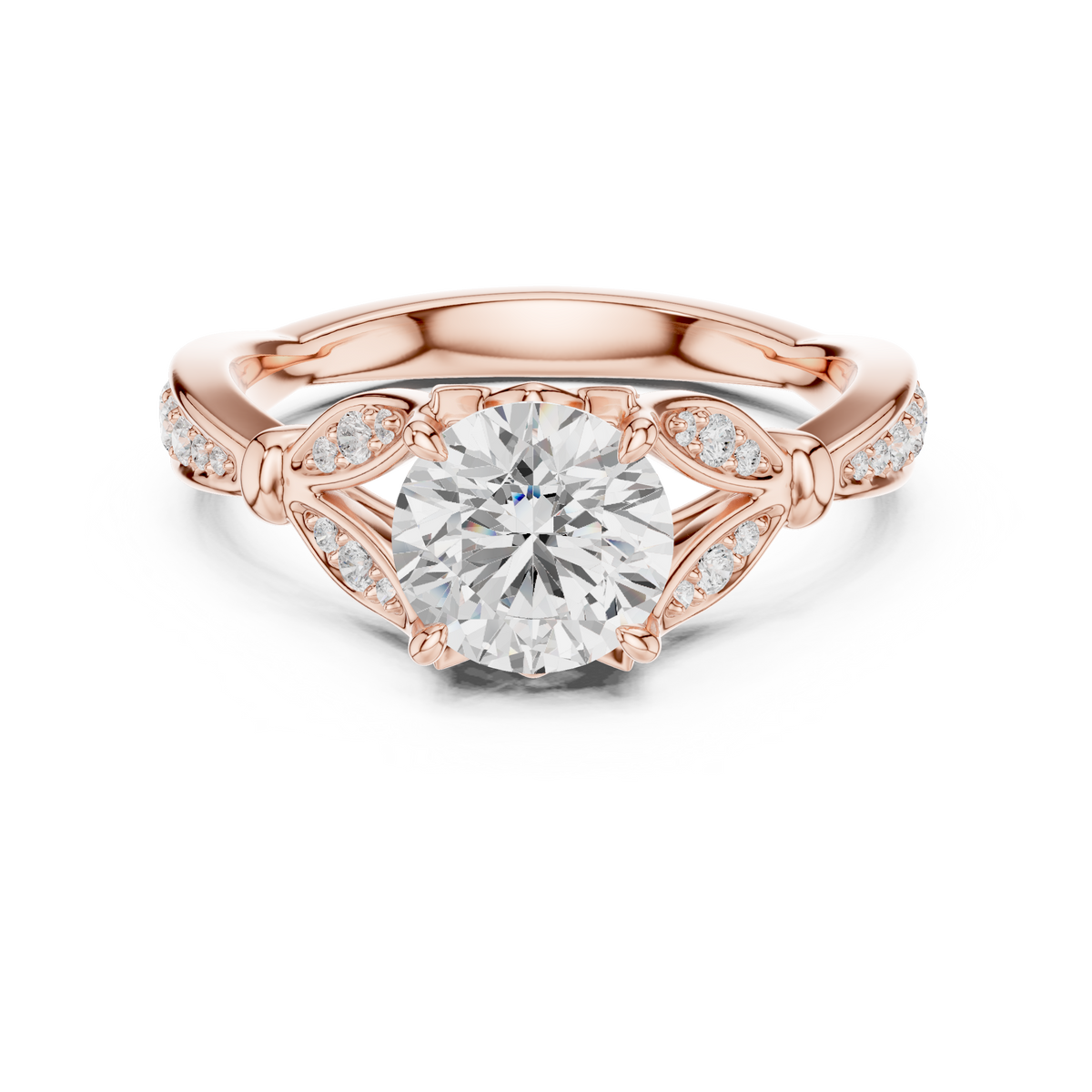 Vintage Round Cut Diamond Engagement Ring with Leaf Gallery – view 5 of 12, lab grown diamond ring | Jewelix Atelier